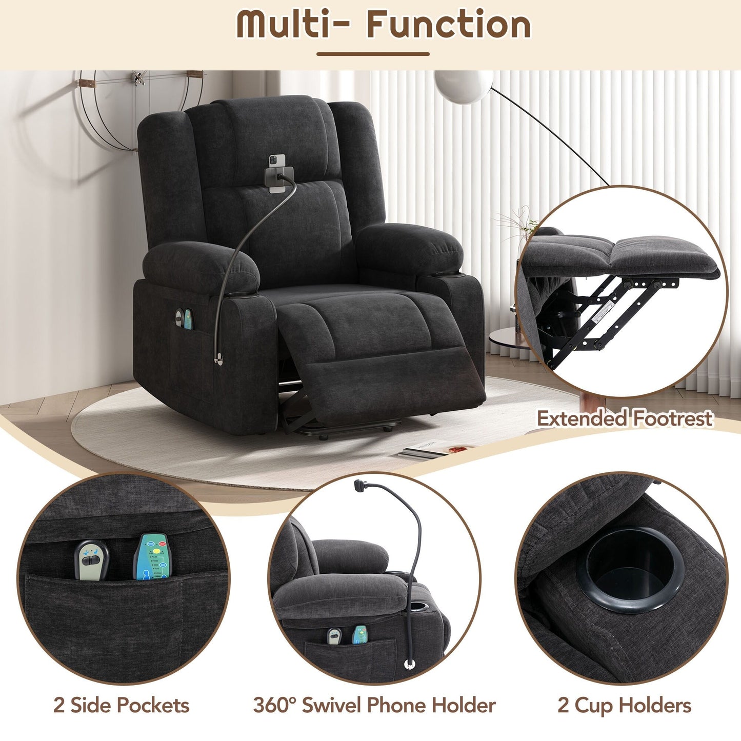 Fauteuil inclinable électrique gris avec massage, chauffage, porte-gobelets et support de téléphone pivotant à 360°, inclinaison réglable