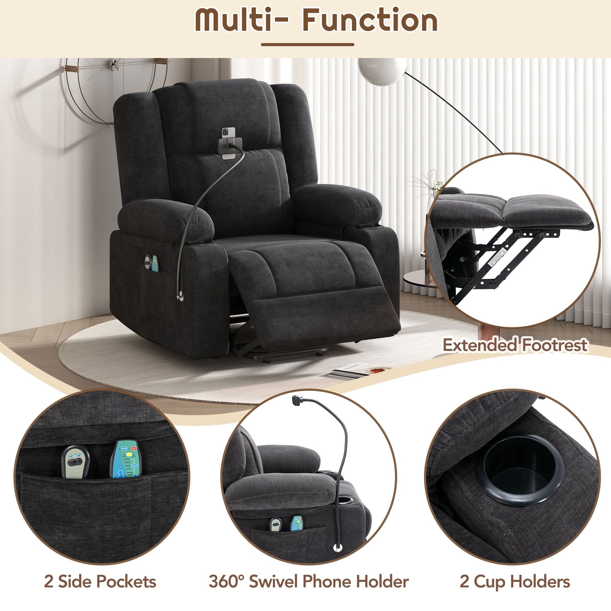 Fauteuil inclinable électrique gris avec massage, chauffage, porte-gobelets et support de téléphone pivotant à 360°, inclinaison réglable