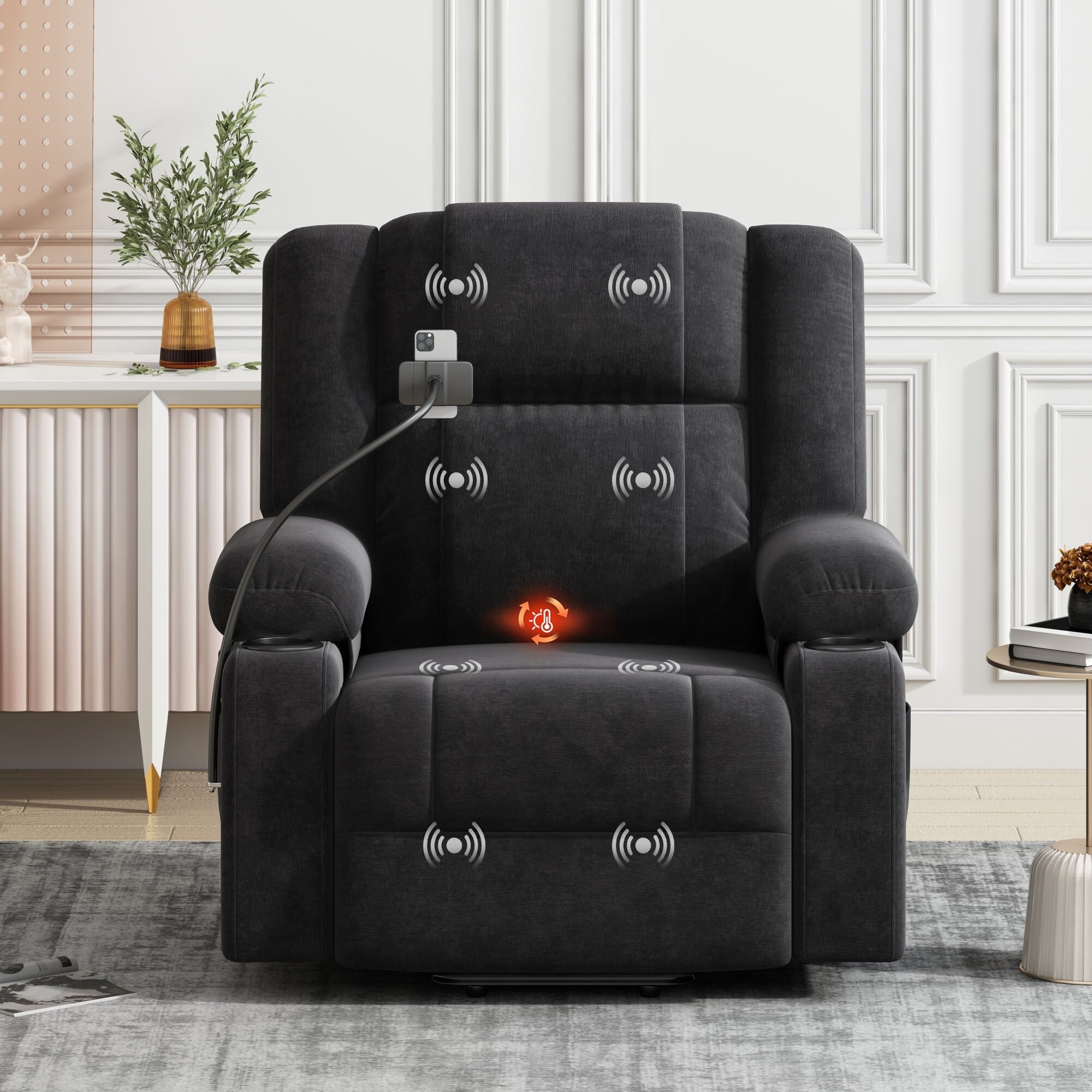Fauteuil inclinable électrique gris avec massage, chauffage, porte-gobelets et support de téléphone pivotant à 360°, inclinaison réglable