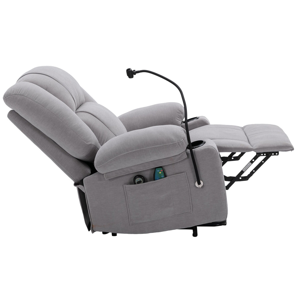 Fauteuil inclinable électrique gris avec massage, chauffage, porte-gobelets et support de téléphone pivotant à 360°, inclinaison réglable