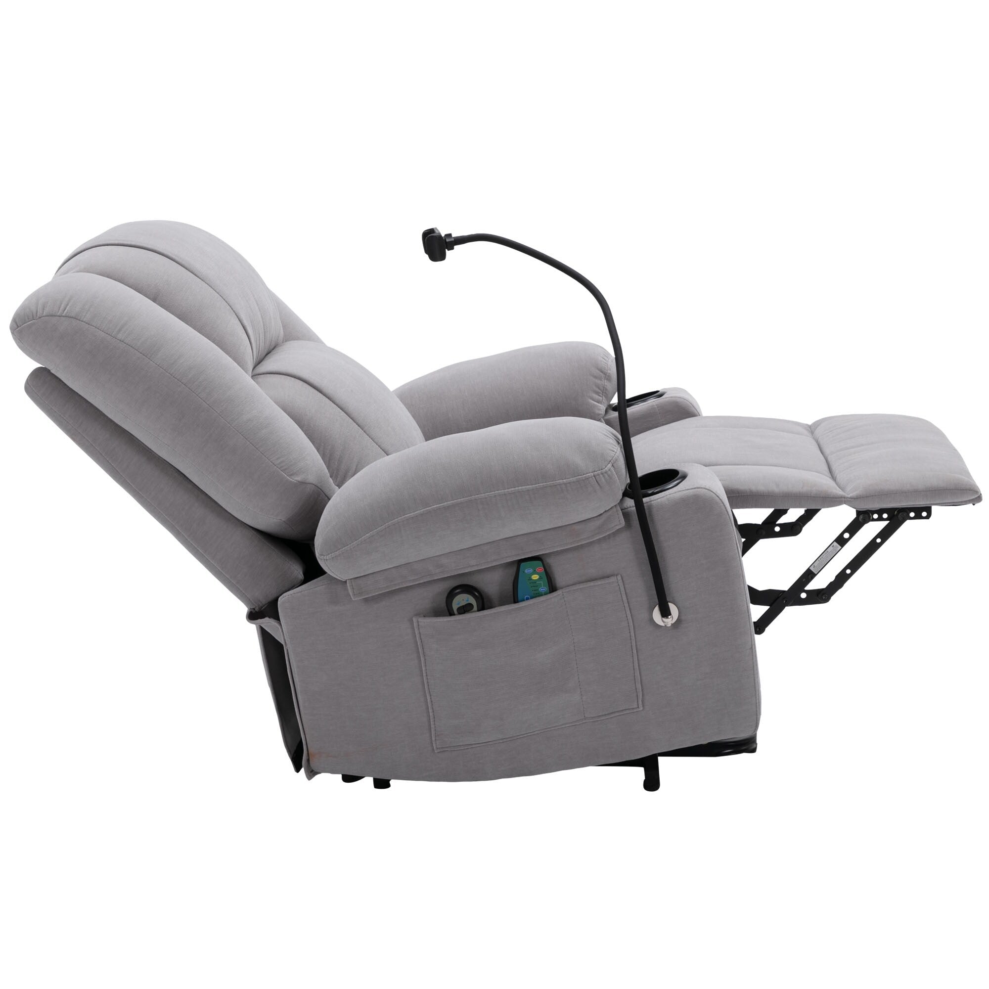 Fauteuil inclinable électrique gris avec massage, chauffage, porte-gobelets et support de téléphone pivotant à 360°, inclinaison réglable
