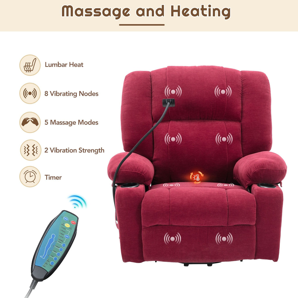 Fauteuil inclinable électrique gris avec massage, chauffage, porte-gobelets et support de téléphone pivotant à 360°, inclinaison réglable