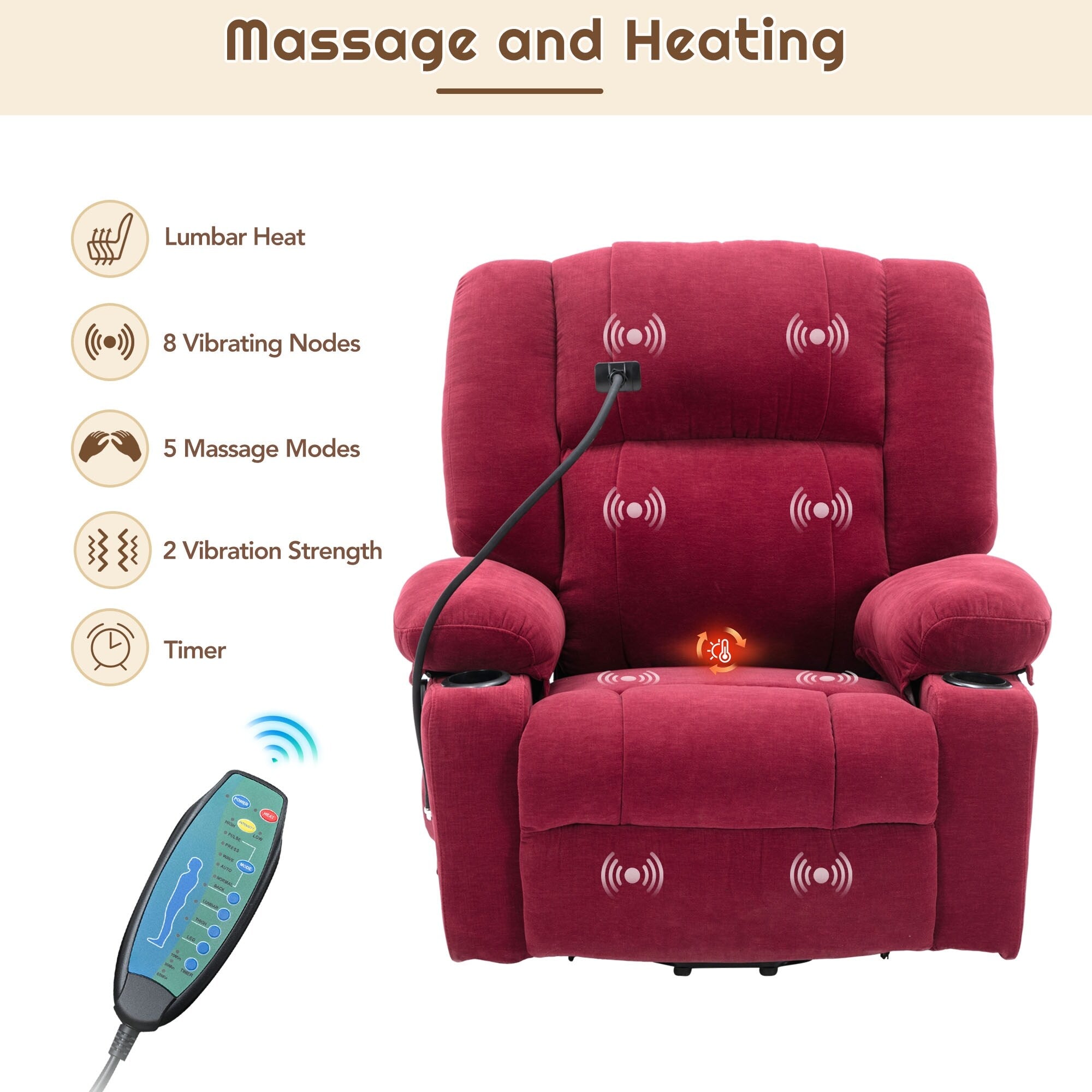 Fauteuil inclinable électrique gris avec massage, chauffage, porte-gobelets et support de téléphone pivotant à 360°, inclinaison réglable