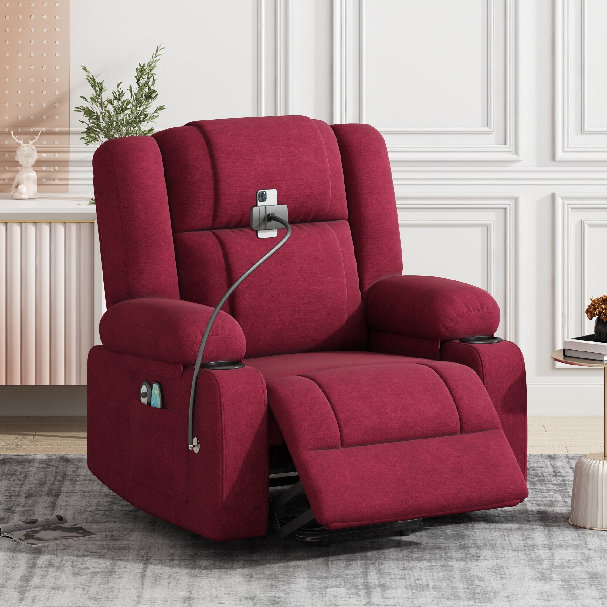 Fauteuil inclinable électrique gris avec massage, chauffage, porte-gobelets et support de téléphone pivotant à 360°, inclinaison réglable