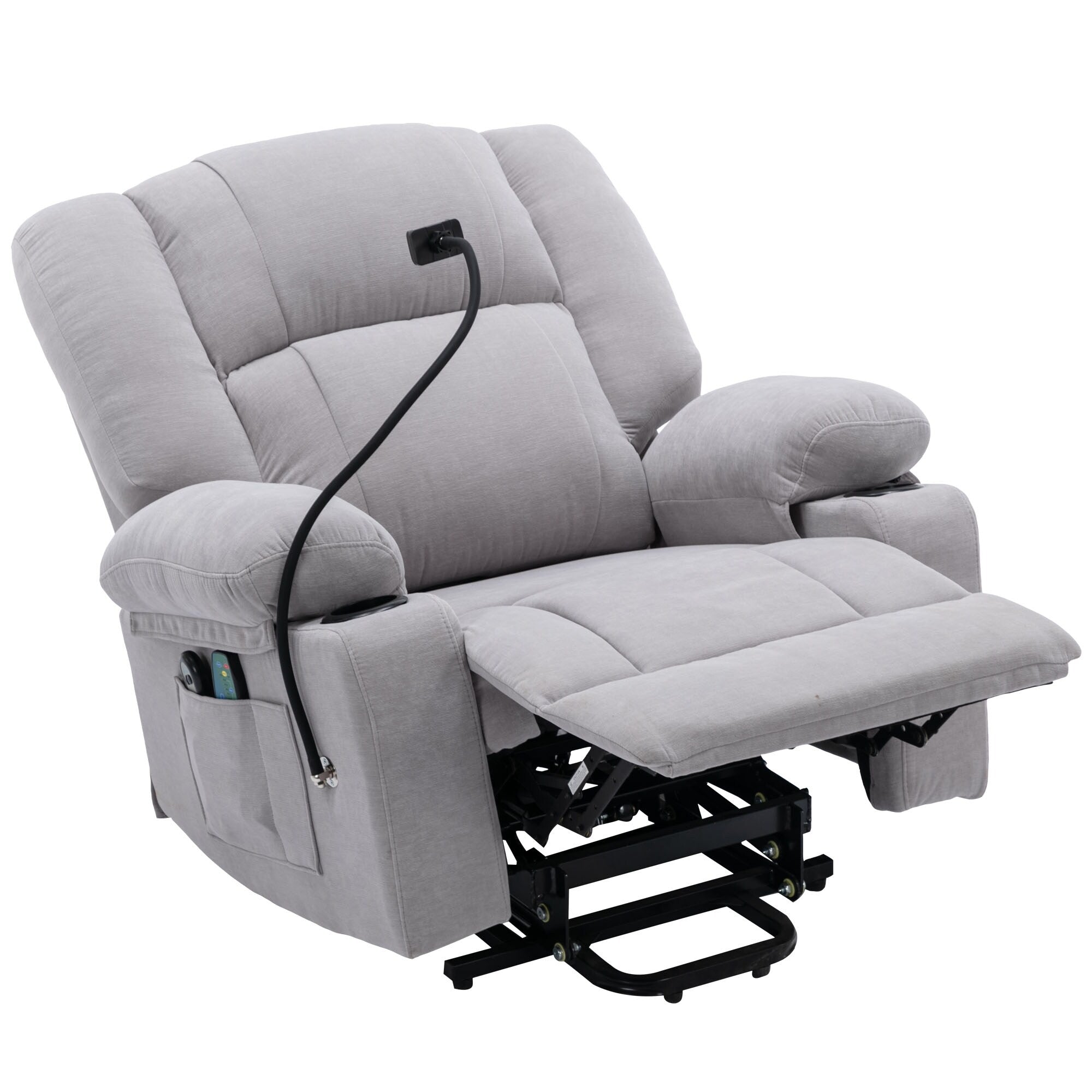 Fauteuil inclinable électrique gris avec massage, chauffage, porte-gobelets et support de téléphone pivotant à 360°, inclinaison réglable
