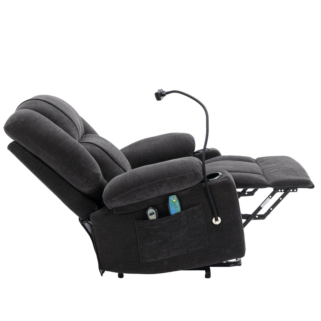 Fauteuil inclinable électrique gris avec massage, chauffage, porte-gobelets et support de téléphone pivotant à 360°, inclinaison réglable