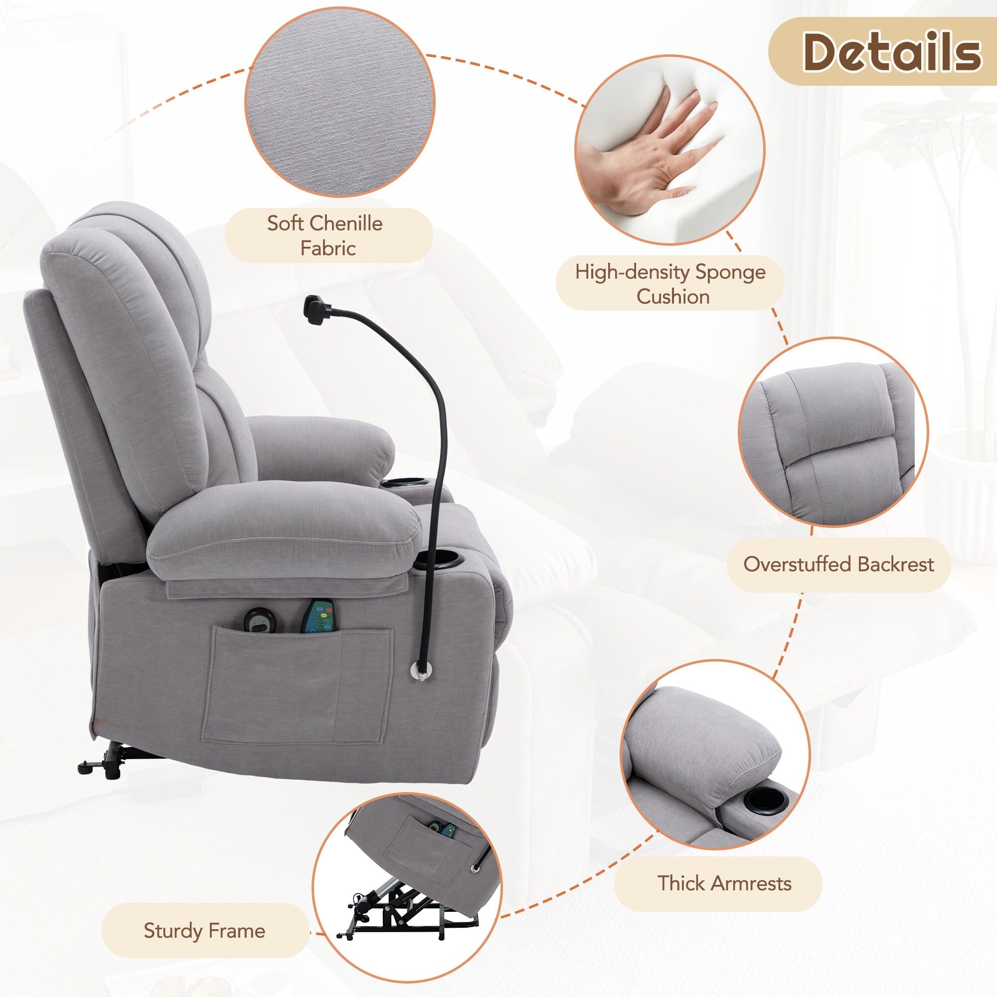 Fauteuil inclinable électrique gris avec massage, chauffage, porte-gobelets et support de téléphone pivotant à 360°, inclinaison réglable