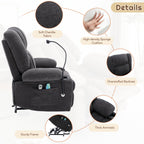 Fauteuil inclinable électrique gris avec massage, chauffage, porte-gobelets et support de téléphone pivotant à 360°, inclinaison réglable