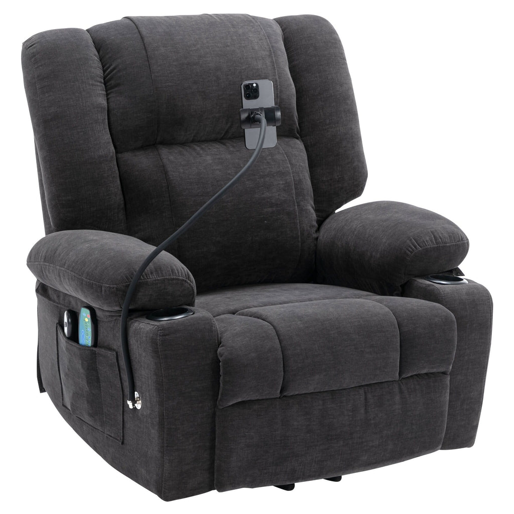 Fauteuil inclinable électrique gris avec massage, chauffage, porte-gobelets et support de téléphone pivotant à 360°, inclinaison réglable
