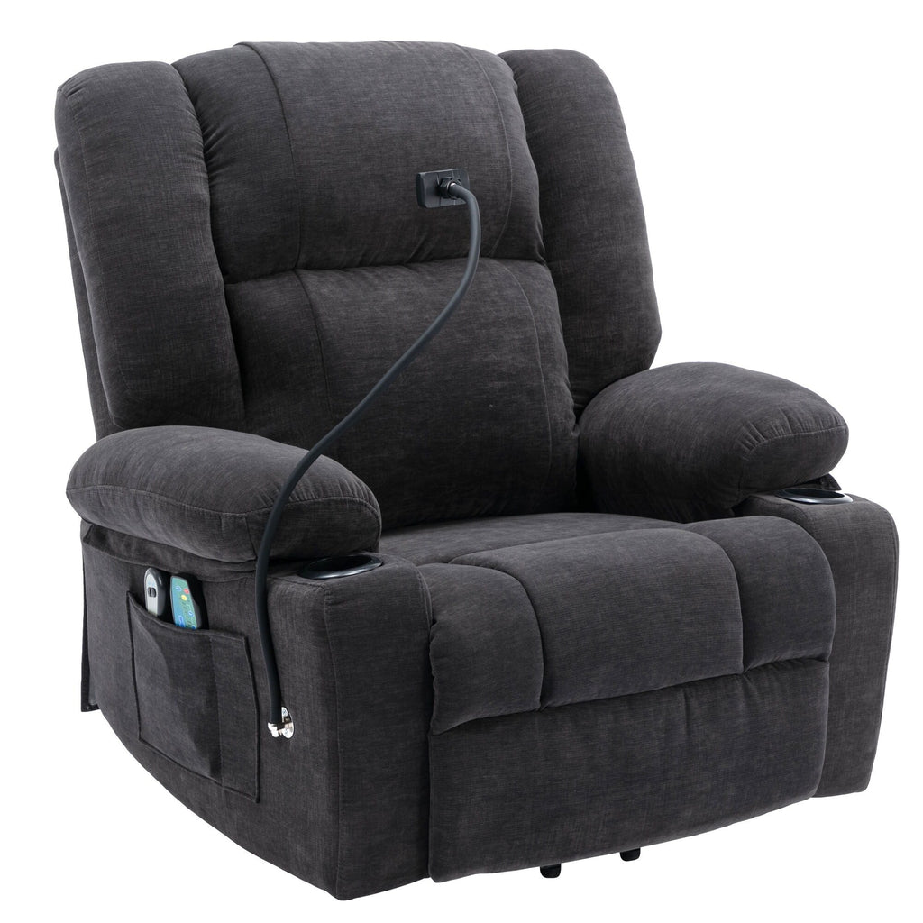 Fauteuil inclinable électrique gris avec massage, chauffage, porte-gobelets et support de téléphone pivotant à 360°, inclinaison réglable