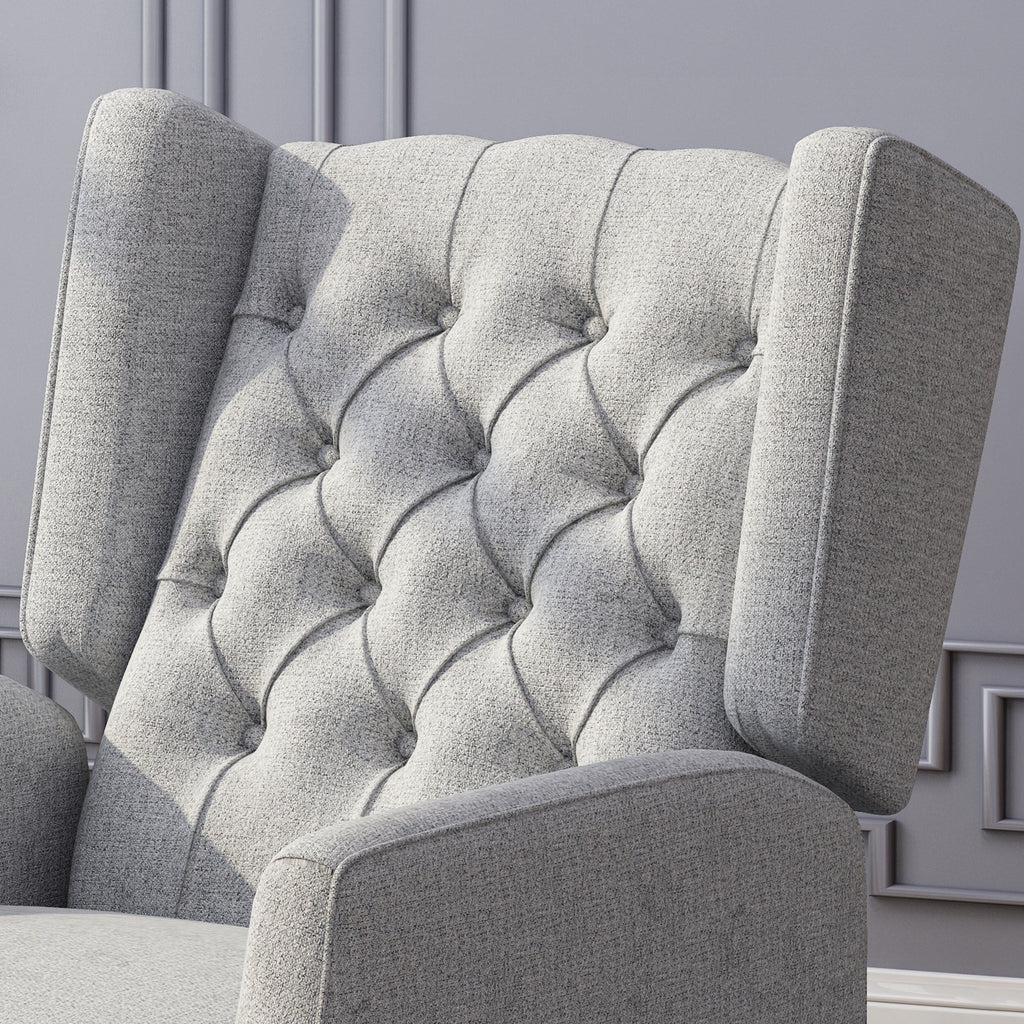 Fauteuil inclinable à oreilles rembourré en tissu gris de style milieu du siècle avec repose-pieds et dossier capitonné