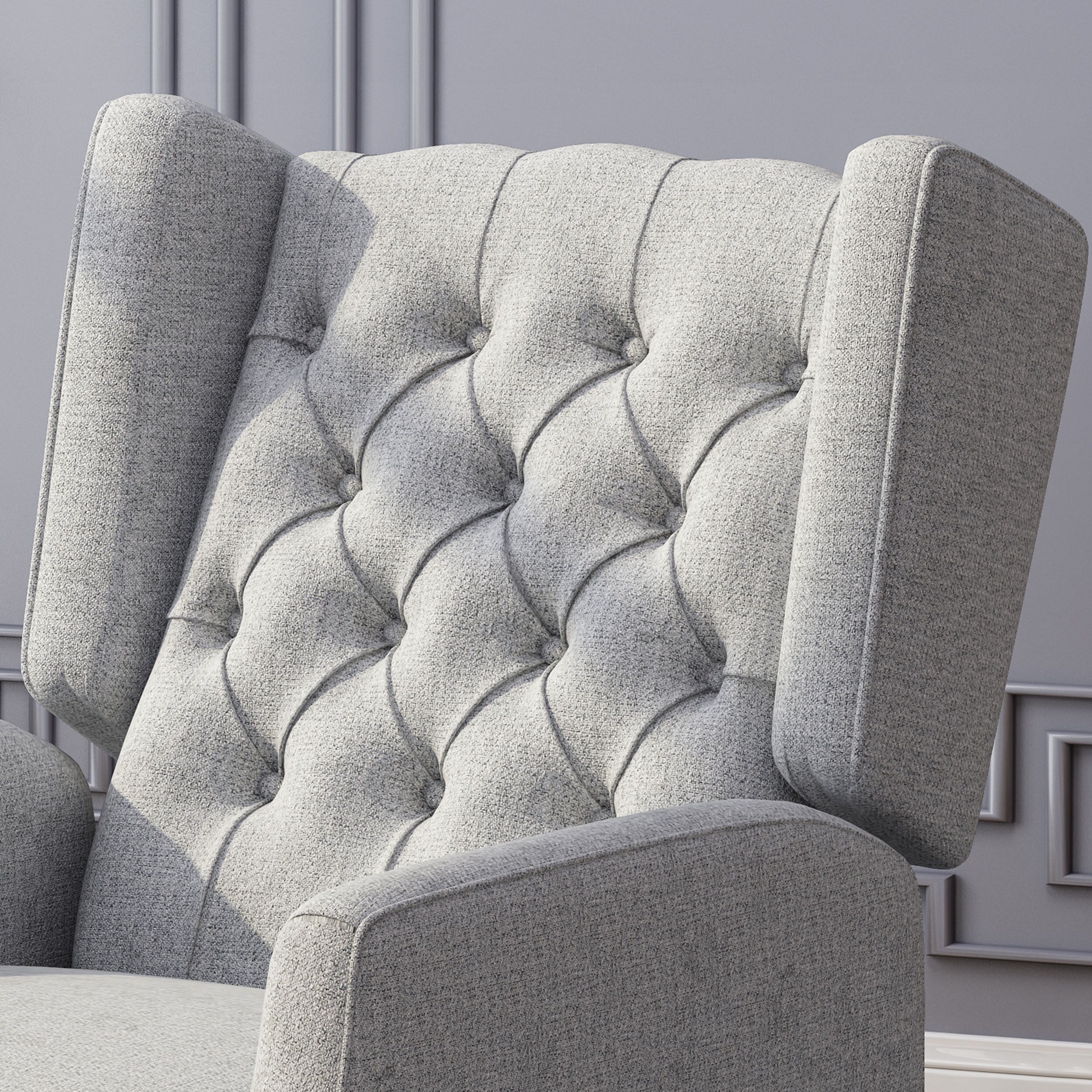 Fauteuil inclinable à oreilles rembourré en tissu gris de style milieu du siècle avec repose-pieds et dossier capitonné