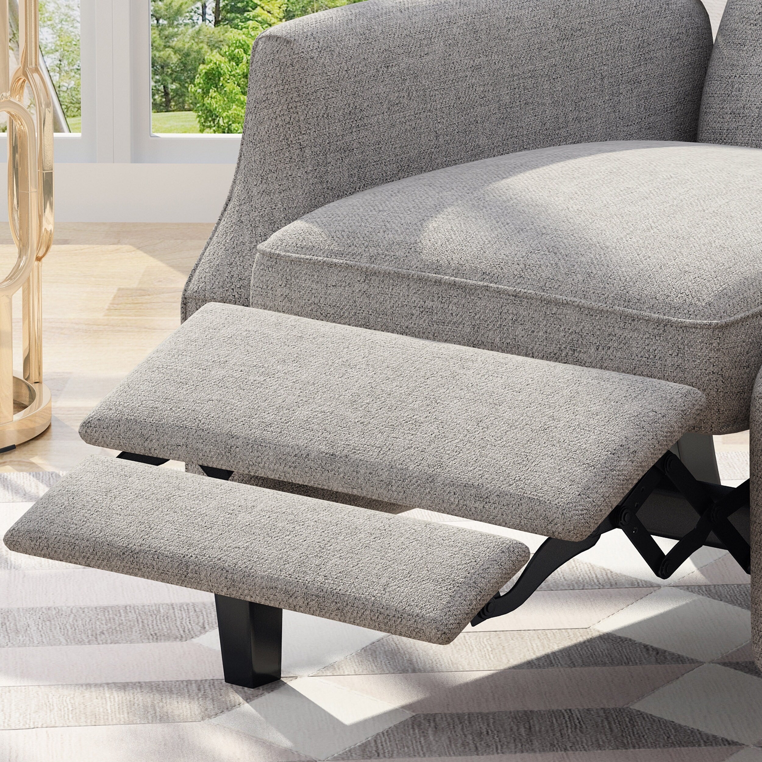 Fauteuil inclinable à oreilles rembourré en tissu gris de style milieu du siècle avec repose-pieds et dossier capitonné