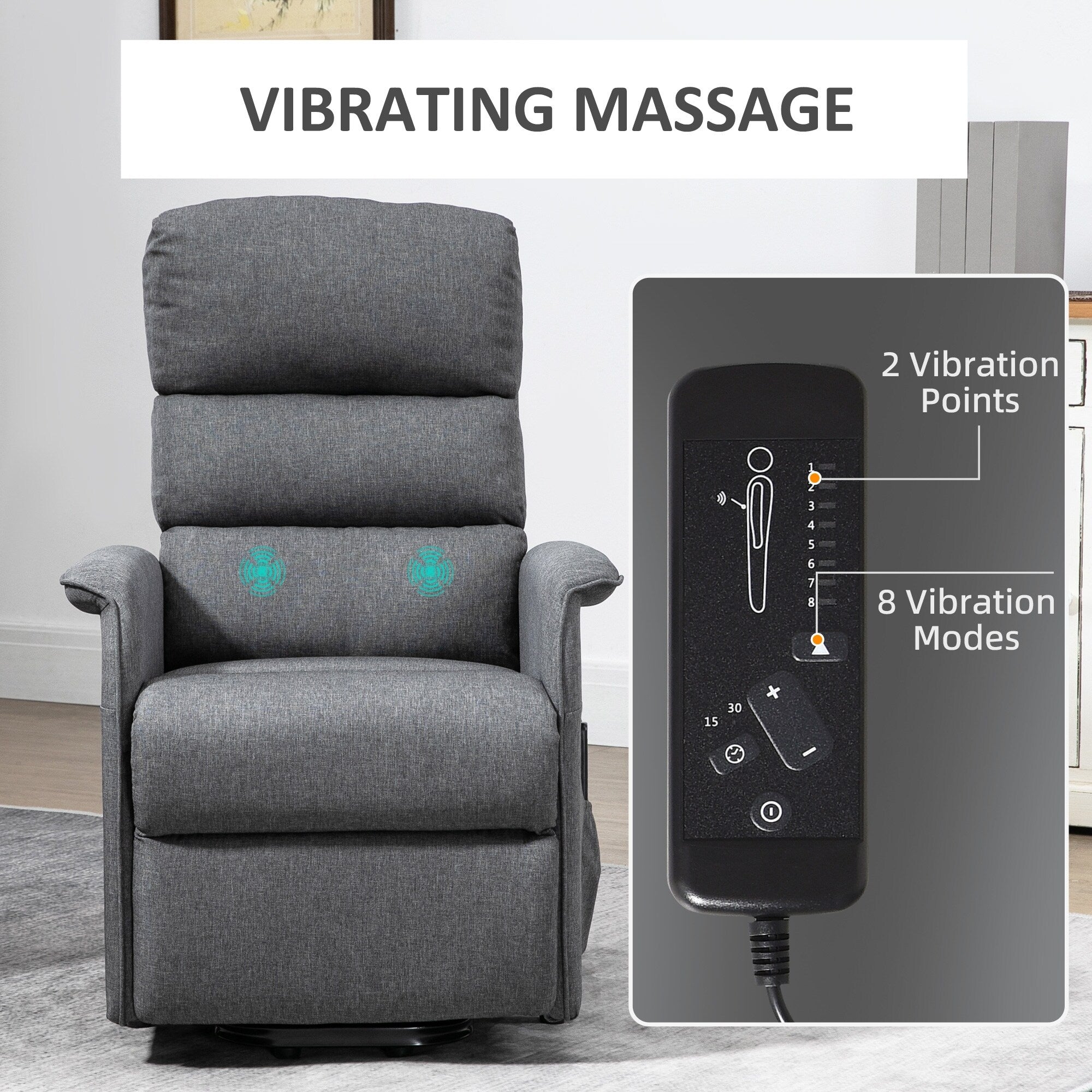 Fauteuil inclinable électrique en tissu gris avec massage lombaire par vibration, télécommande et poches latérales