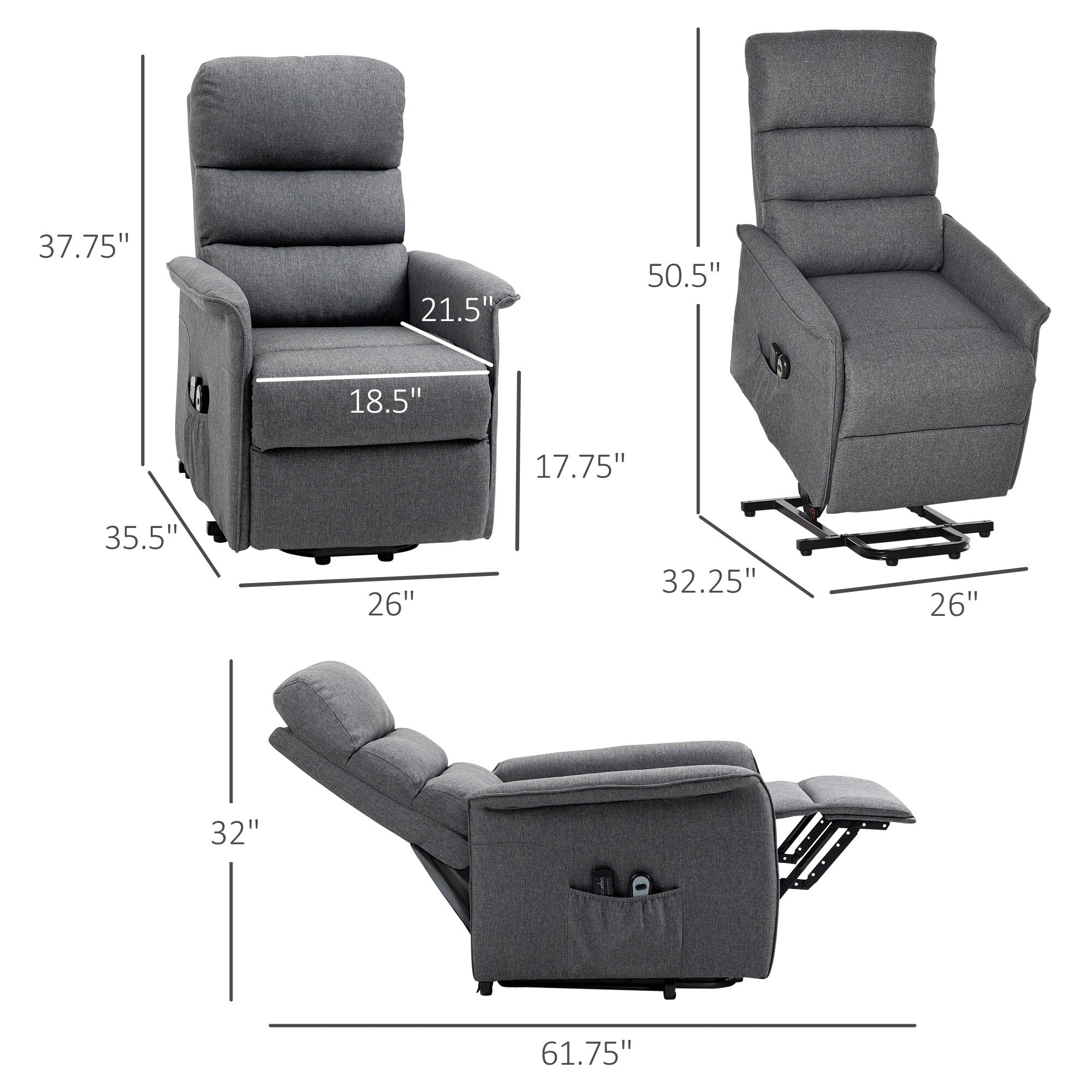Fauteuil inclinable électrique en tissu gris avec massage lombaire par vibration, télécommande et poches latérales