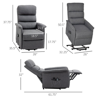 Fauteuil inclinable électrique en tissu gris avec massage lombaire par vibration, télécommande et poches latérales