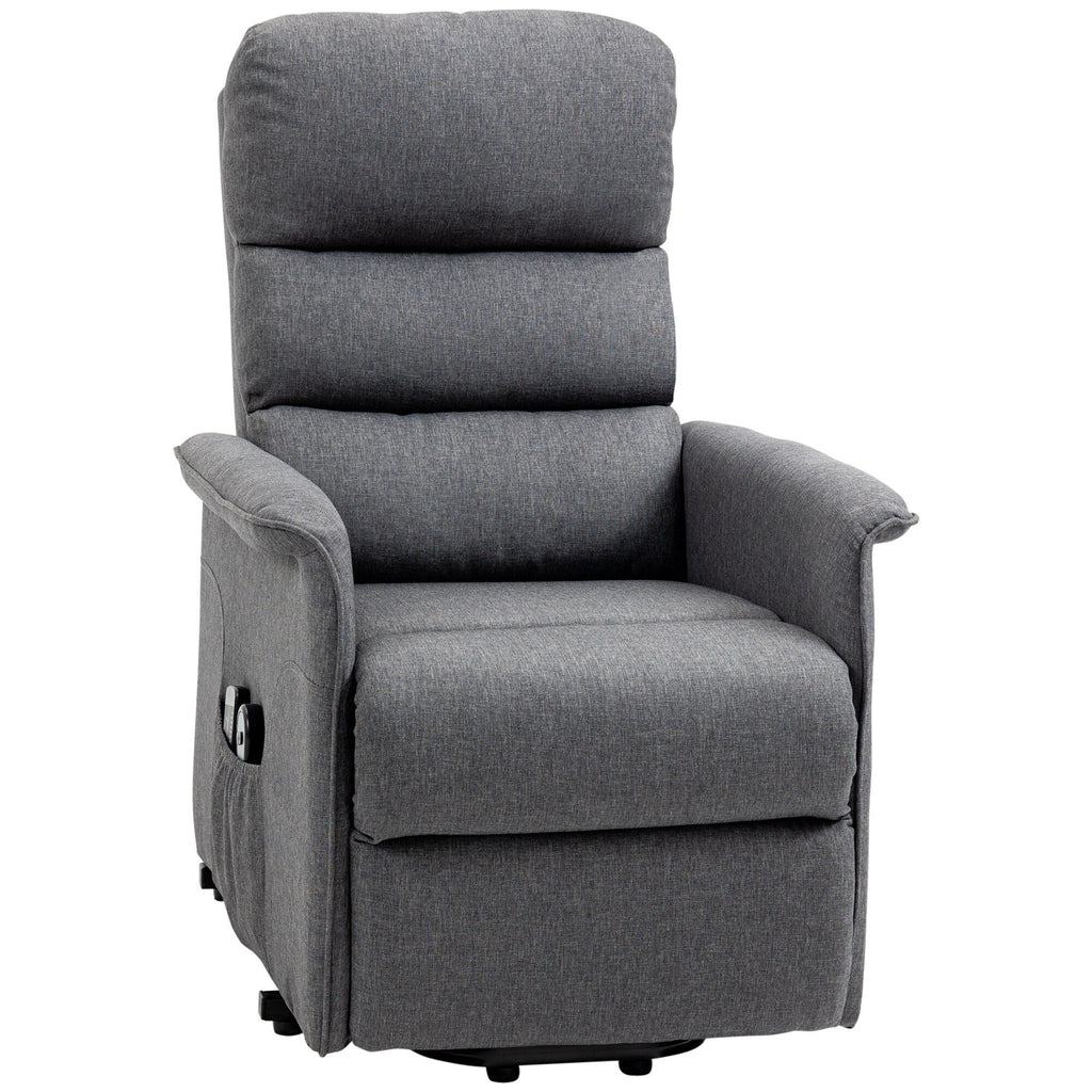 Fauteuil inclinable électrique en tissu gris avec massage lombaire par vibration, télécommande et poches latérales