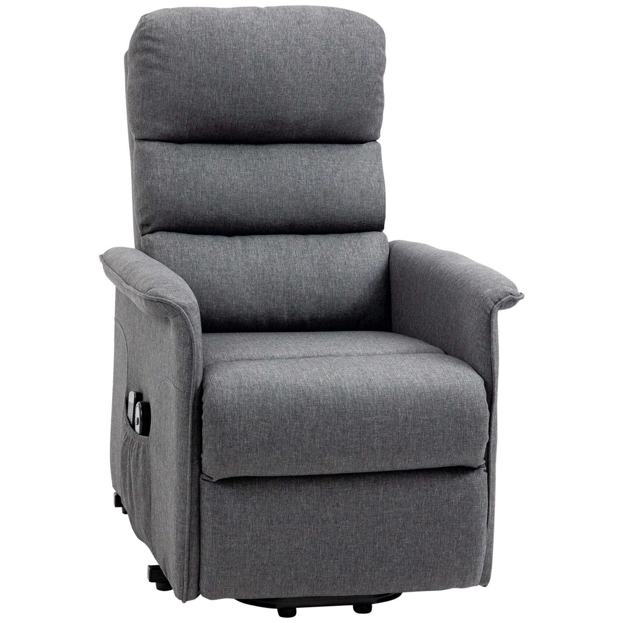 Fauteuil inclinable électrique en tissu gris avec massage lombaire par vibration, télécommande et poches latérales