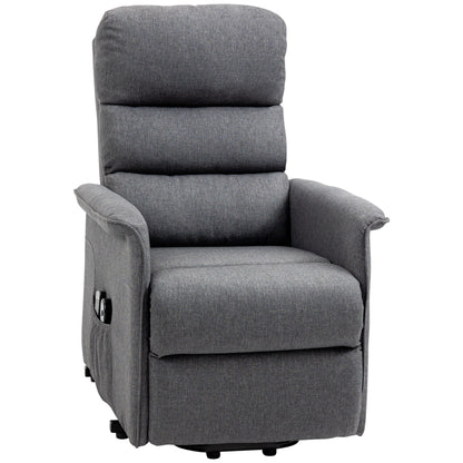 Fauteuil inclinable électrique en tissu gris avec massage lombaire par vibration, télécommande et poches latérales