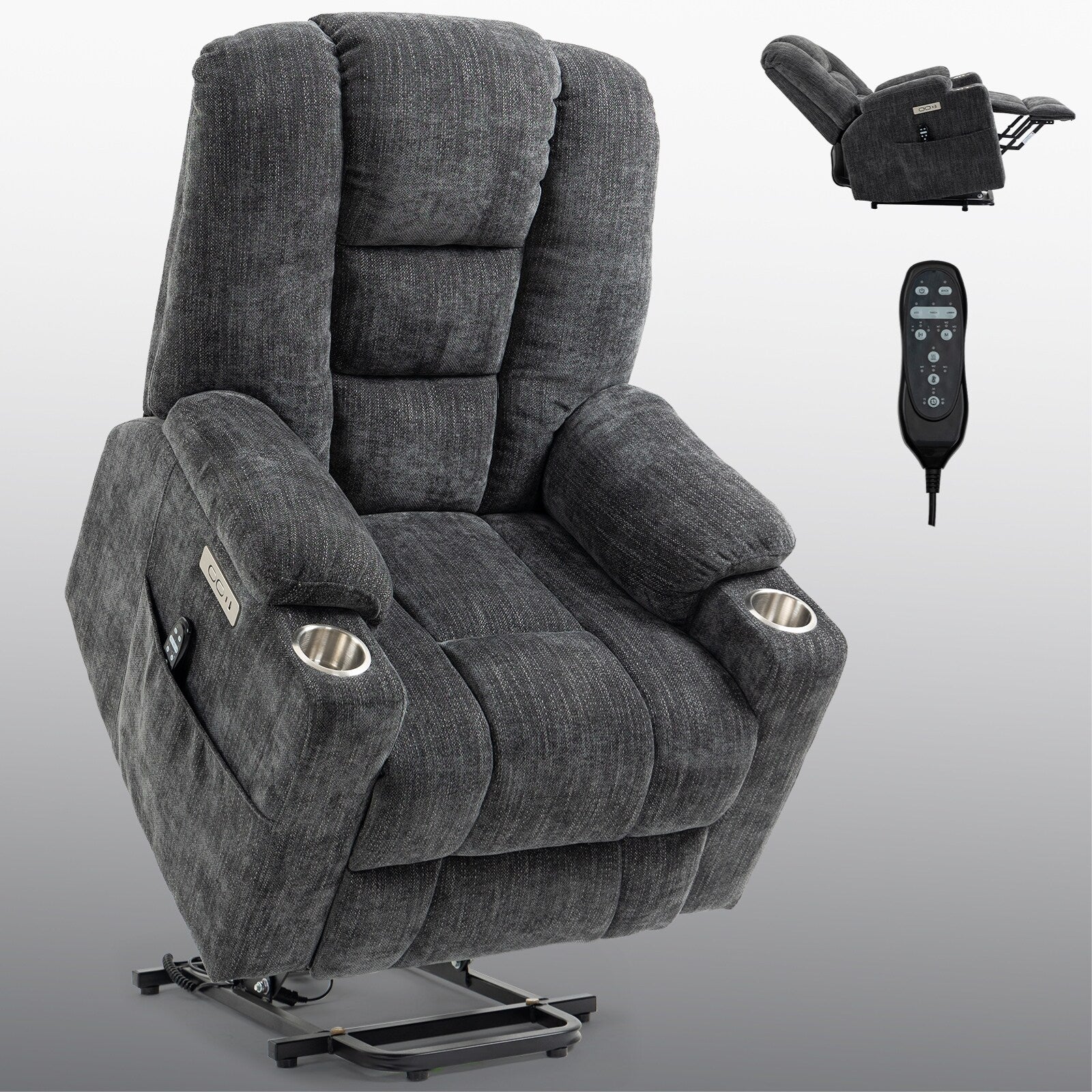 Fauteuil inclinable électrique gris de grande taille avec chauffage, port USB et porte-gobelets