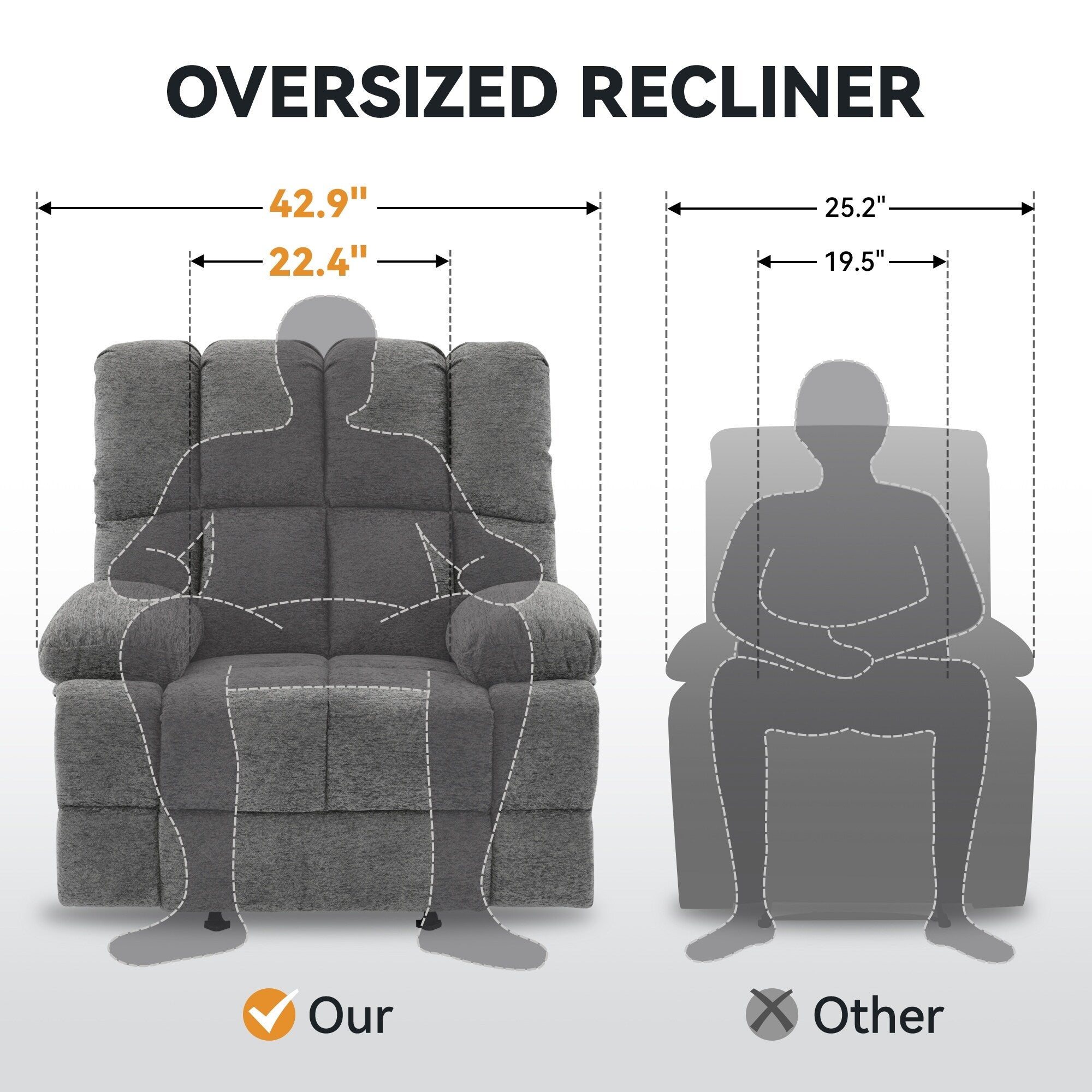 Grand fauteuil inclinable à bascule gris avec fonction de bascule à 30° et inclinaison à 160°, supporte jusqu'à 350 lb