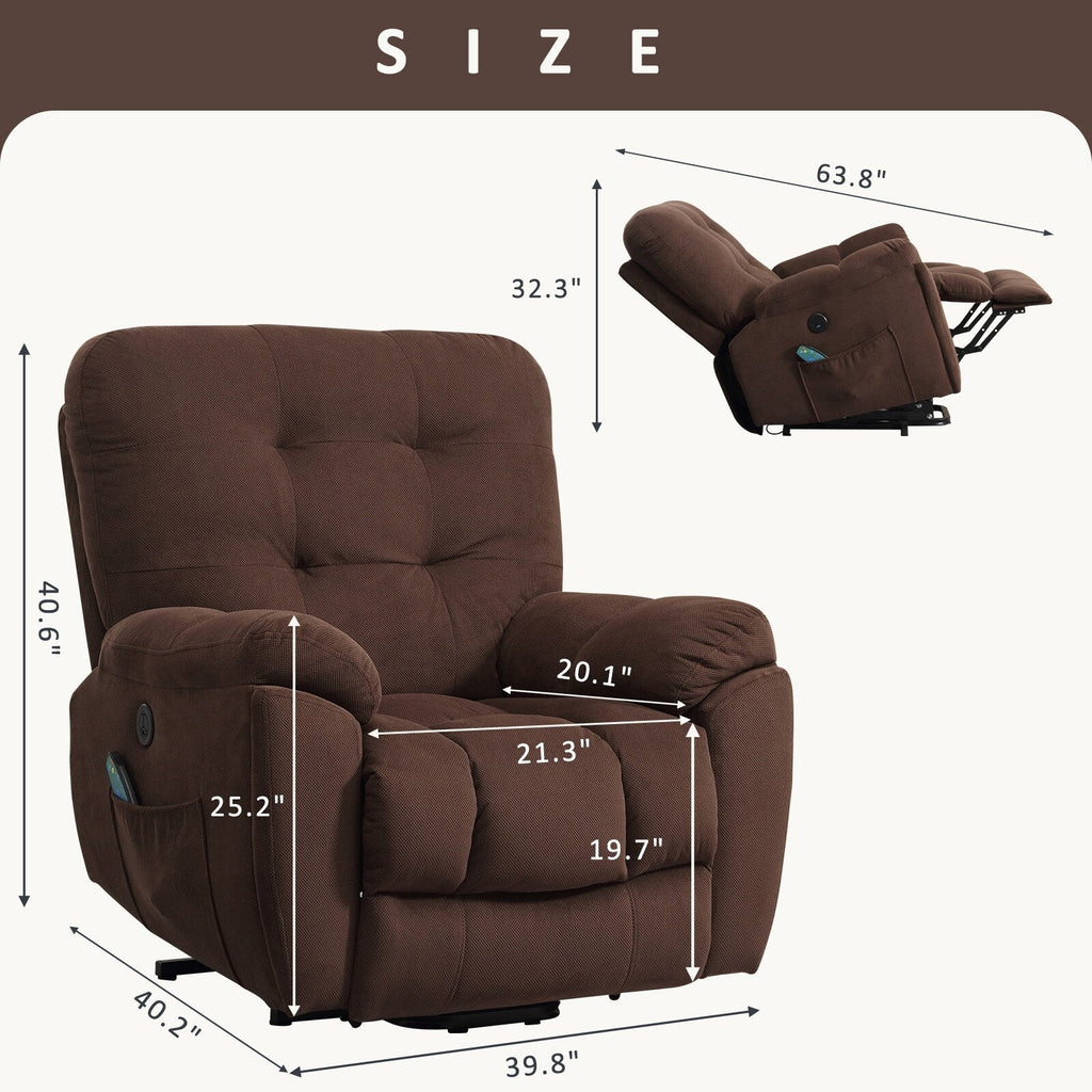 Fauteuil inclinable gris avec massage par vibrations, chauffage, port USB, porte-gobelets dissimulés et inclinaison réglable
