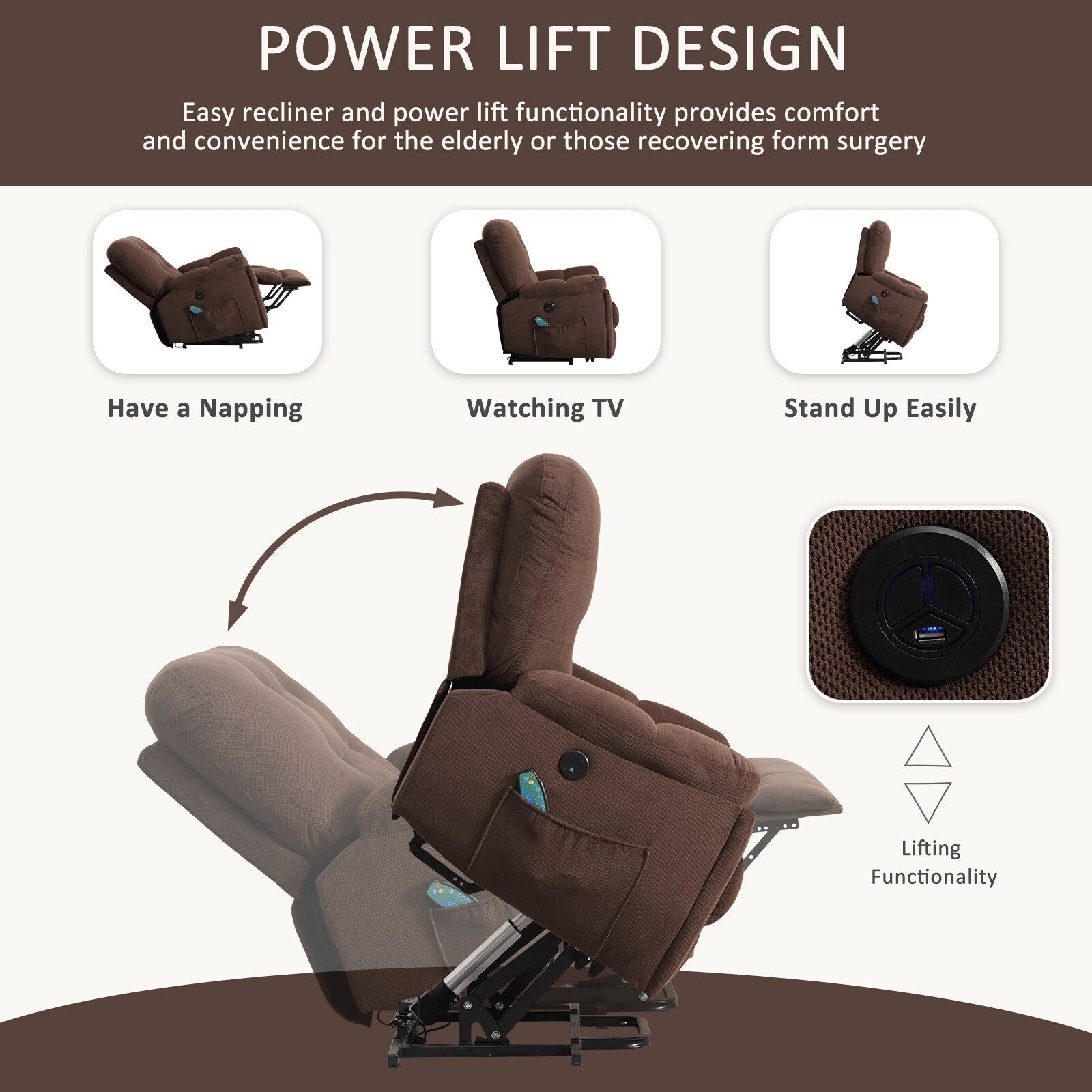 Fauteuil inclinable gris avec massage par vibrations, chauffage, port USB, porte-gobelets dissimulés et inclinaison réglable