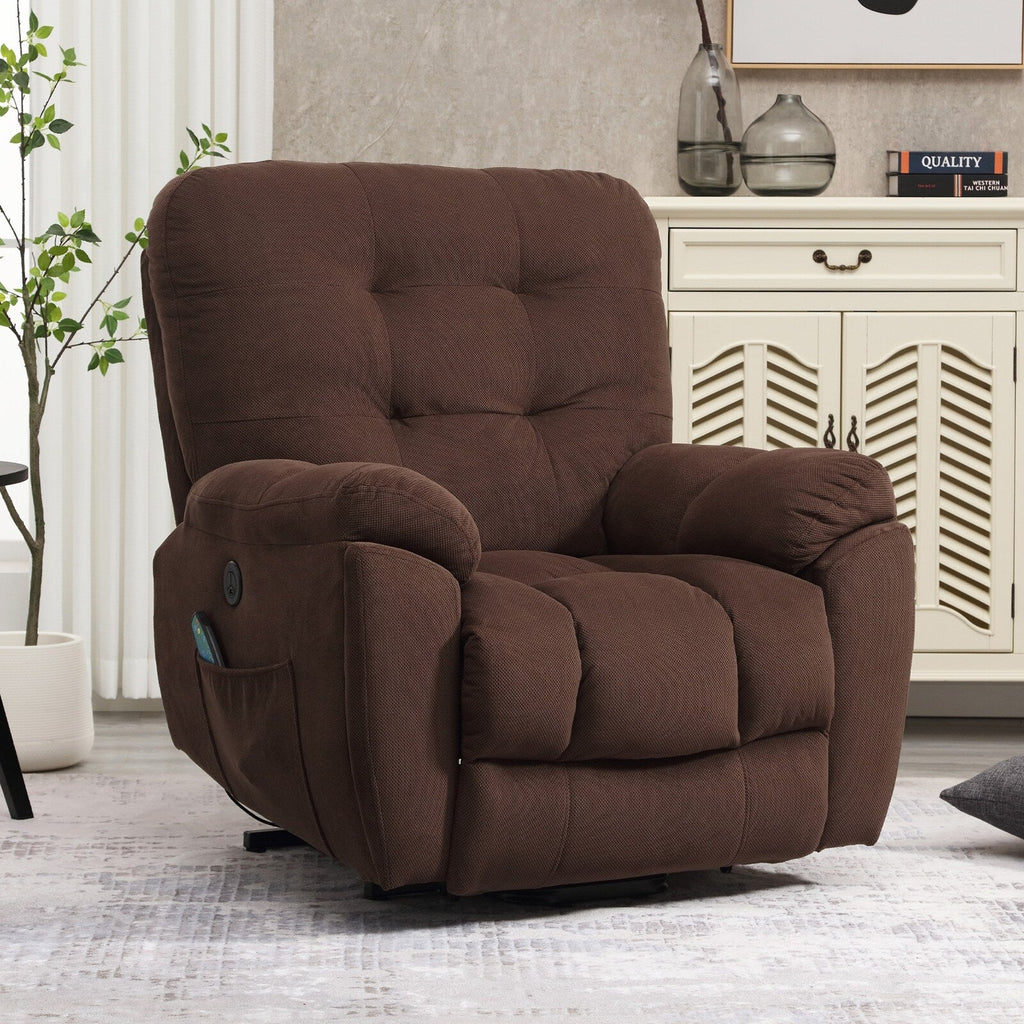 Fauteuil inclinable gris avec massage par vibrations, chauffage, port USB, porte-gobelets dissimulés et inclinaison réglable