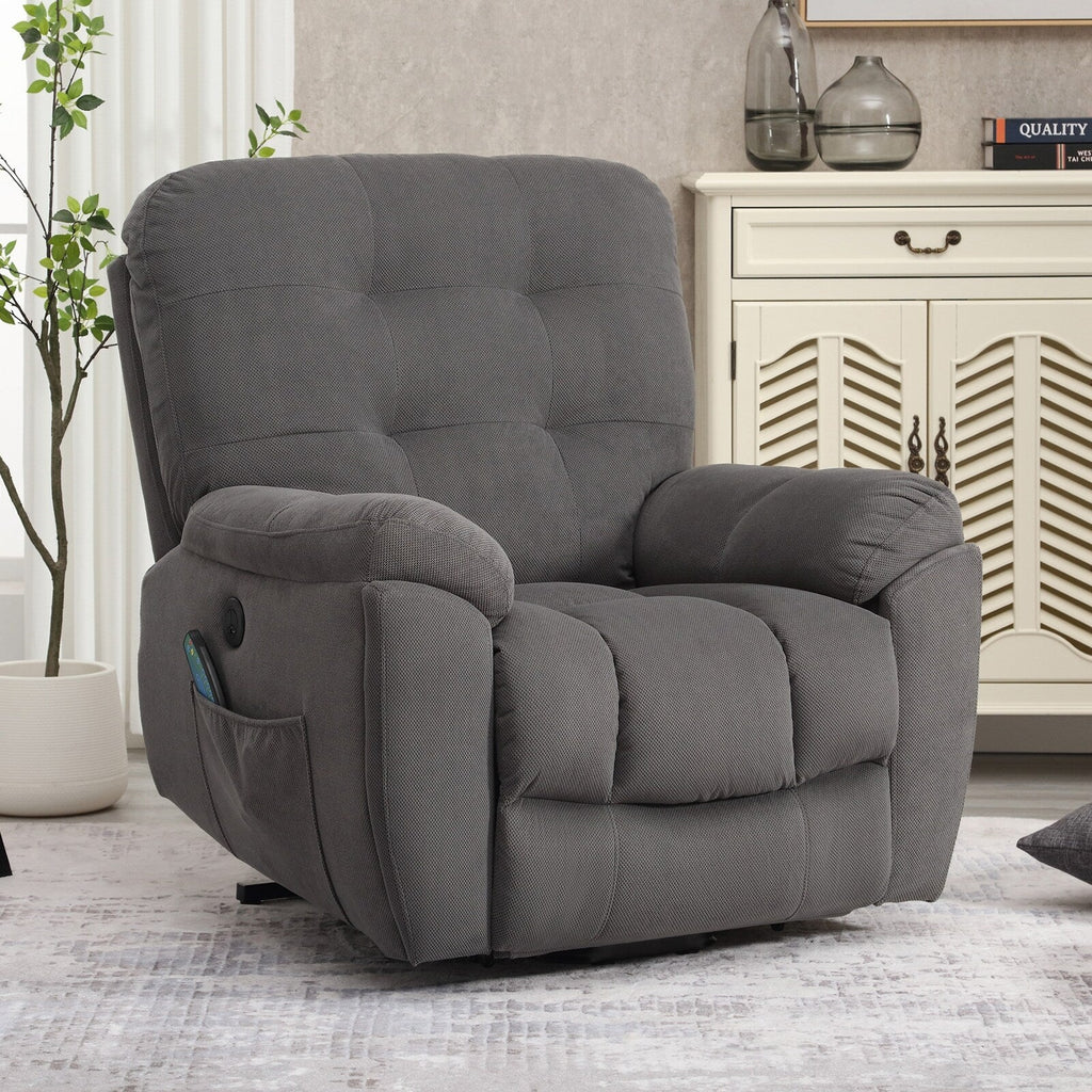 Fauteuil inclinable gris avec massage par vibrations, chauffage, port USB, porte-gobelets dissimulés et inclinaison réglable