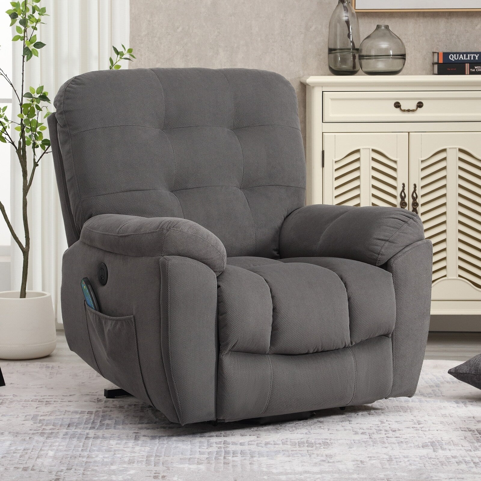Fauteuil inclinable gris avec massage par vibrations, chauffage, port USB, porte-gobelets dissimulés et inclinaison réglable