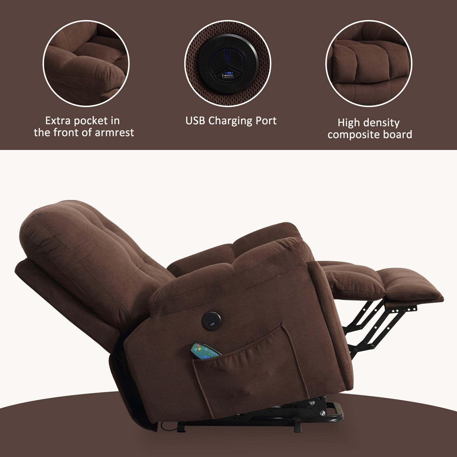 Fauteuil inclinable gris avec massage par vibrations, chauffage, port USB, porte-gobelets dissimulés et inclinaison réglable