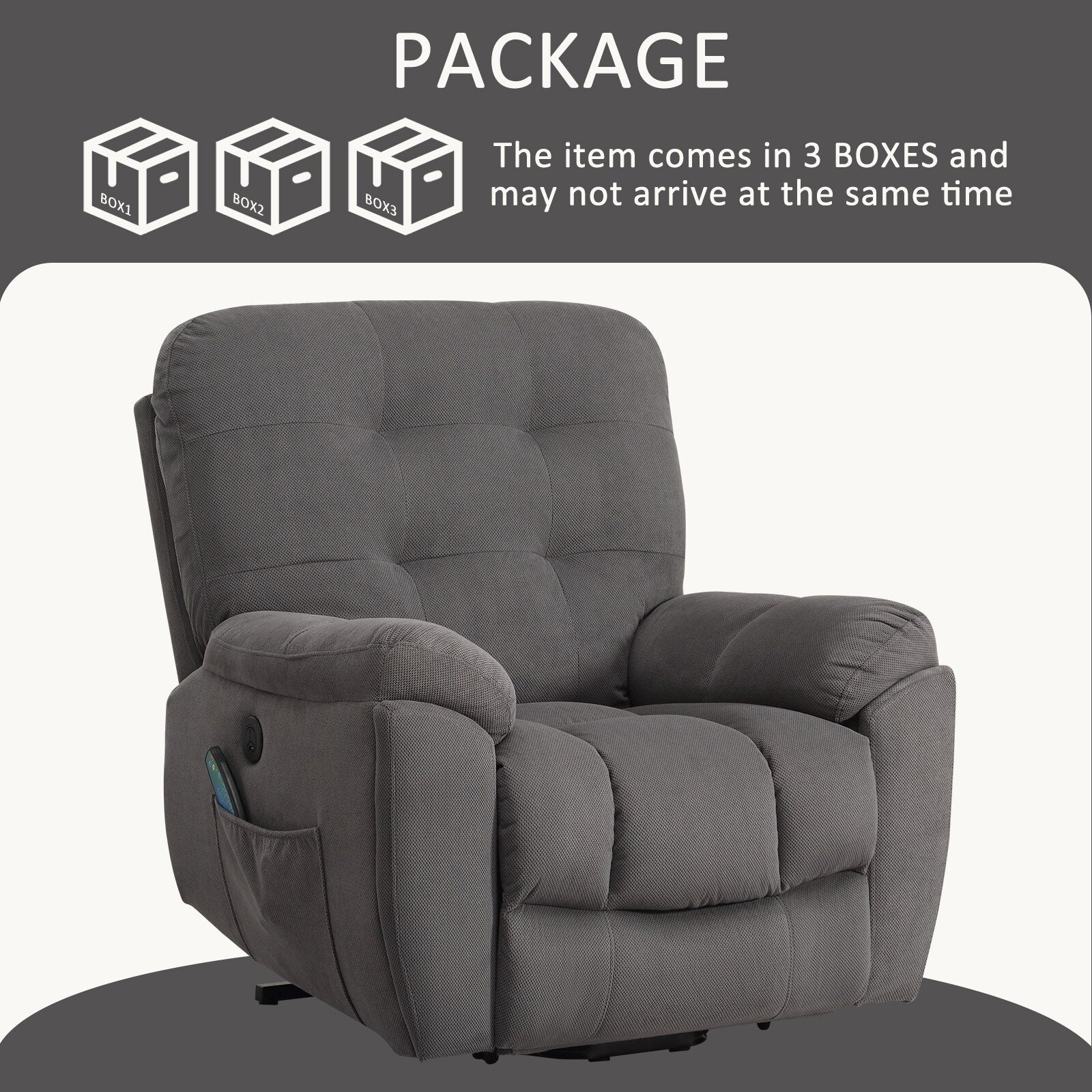 Fauteuil inclinable gris avec massage par vibrations, chauffage, port USB, porte-gobelets dissimulés et inclinaison réglable