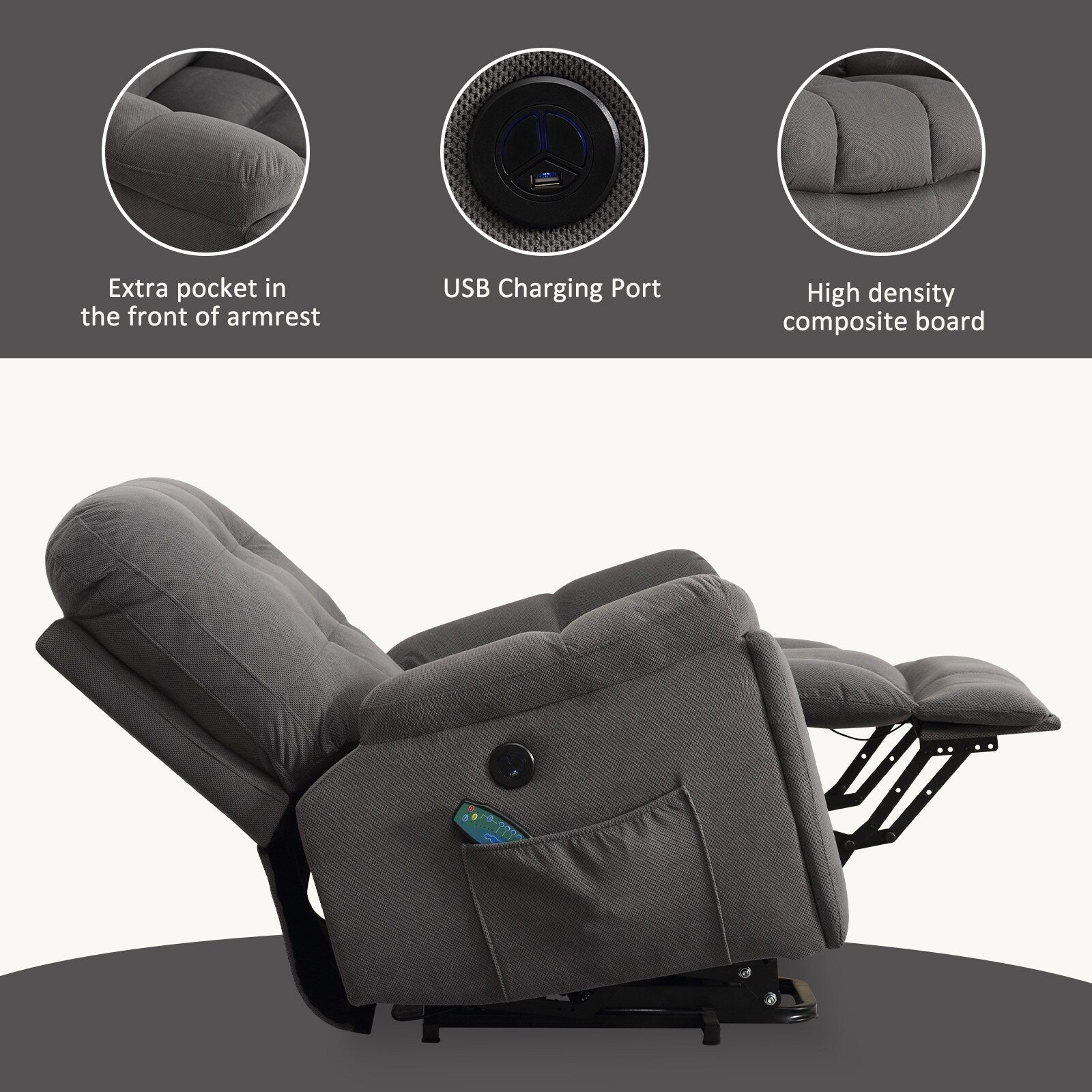 Fauteuil inclinable gris avec massage par vibrations, chauffage, port USB, porte-gobelets dissimulés et inclinaison réglable