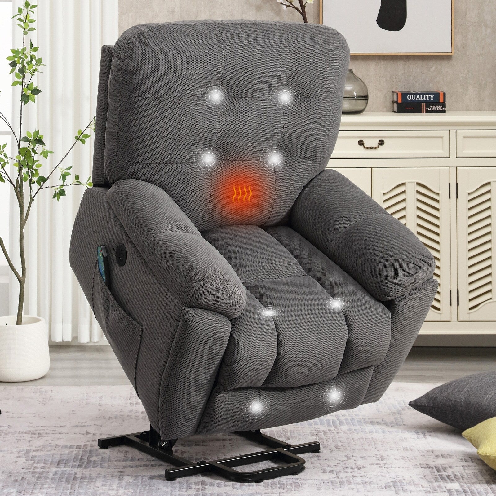 Fauteuil inclinable gris avec massage par vibrations, chauffage, port USB, porte-gobelets dissimulés et inclinaison réglable