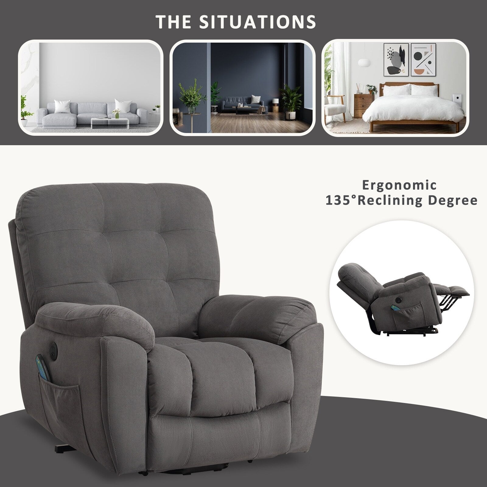 Fauteuil inclinable gris avec massage par vibrations, chauffage, port USB, porte-gobelets dissimulés et inclinaison réglable
