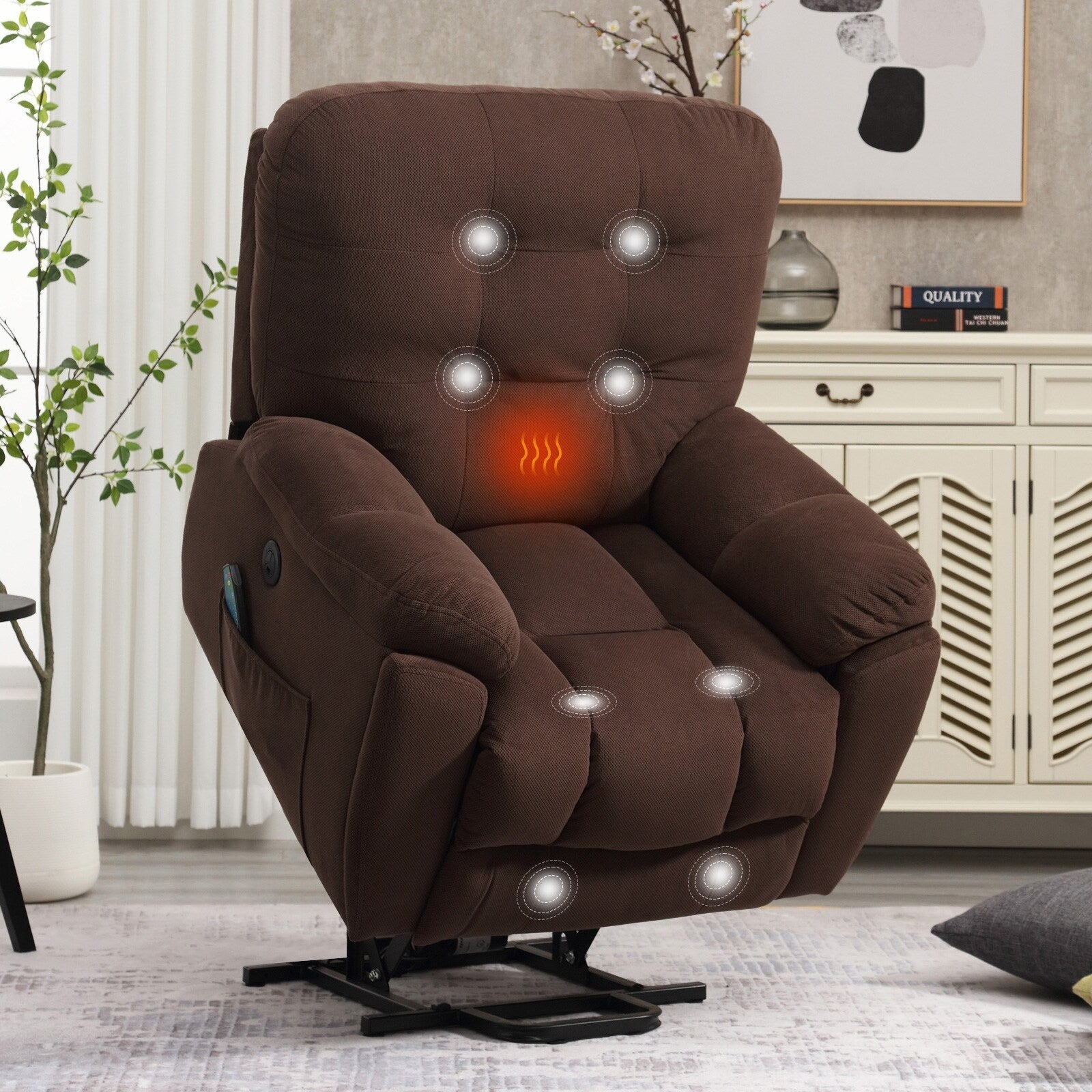 Fauteuil inclinable gris avec massage par vibrations, chauffage, port USB, porte-gobelets dissimulés et inclinaison réglable