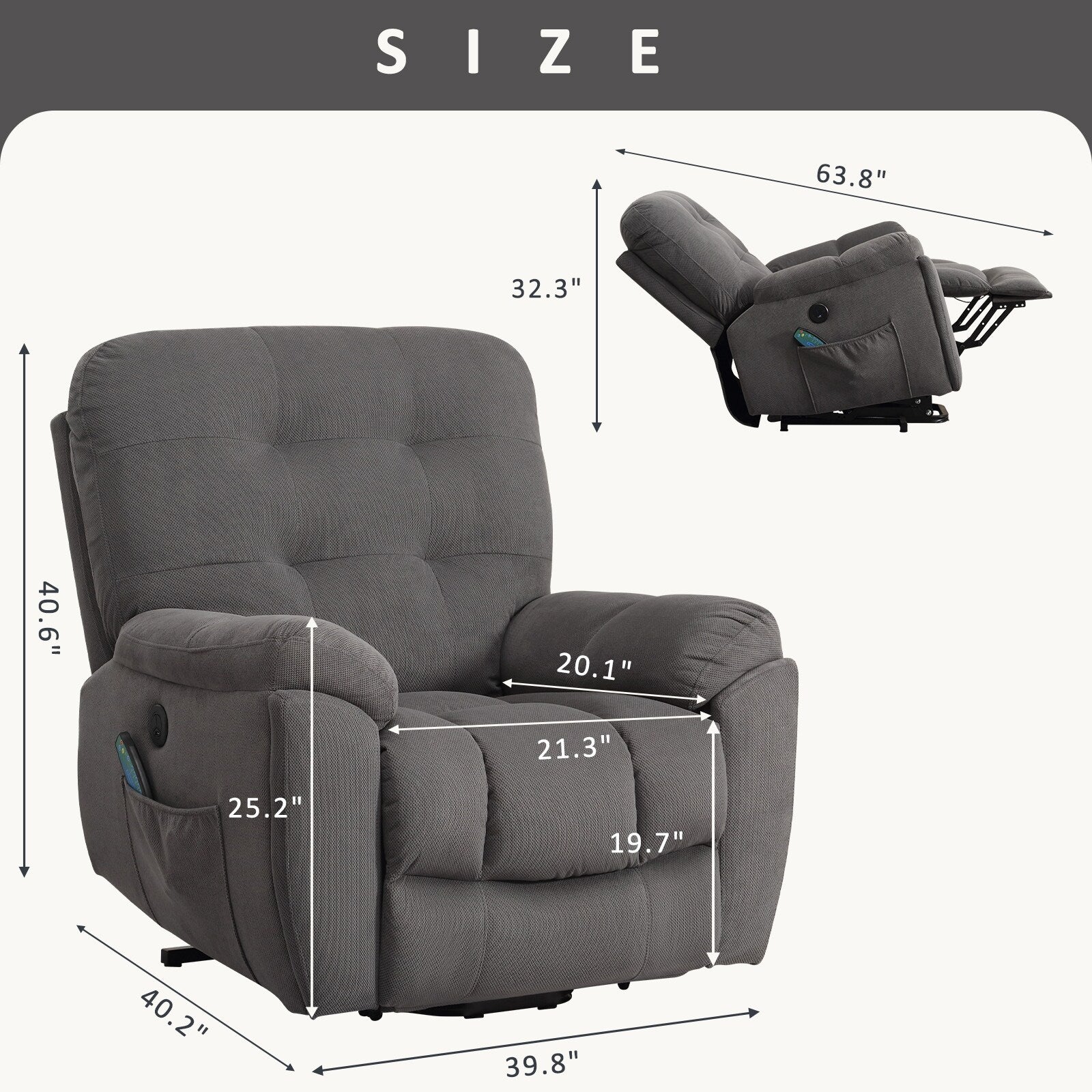 Fauteuil inclinable gris avec massage par vibrations, chauffage, port USB, porte-gobelets dissimulés et inclinaison réglable