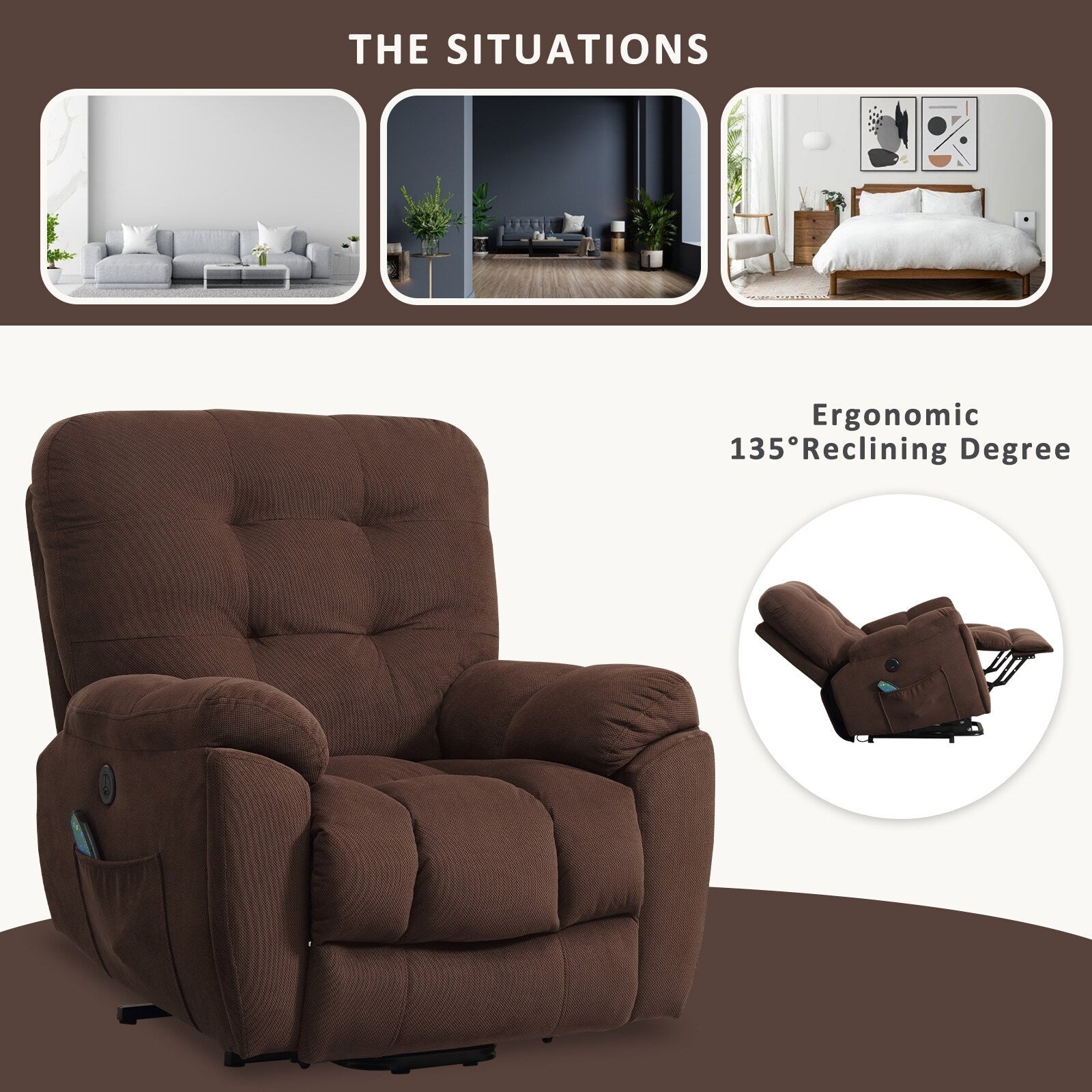 Fauteuil inclinable gris avec massage par vibrations, chauffage, port USB, porte-gobelets dissimulés et inclinaison réglable