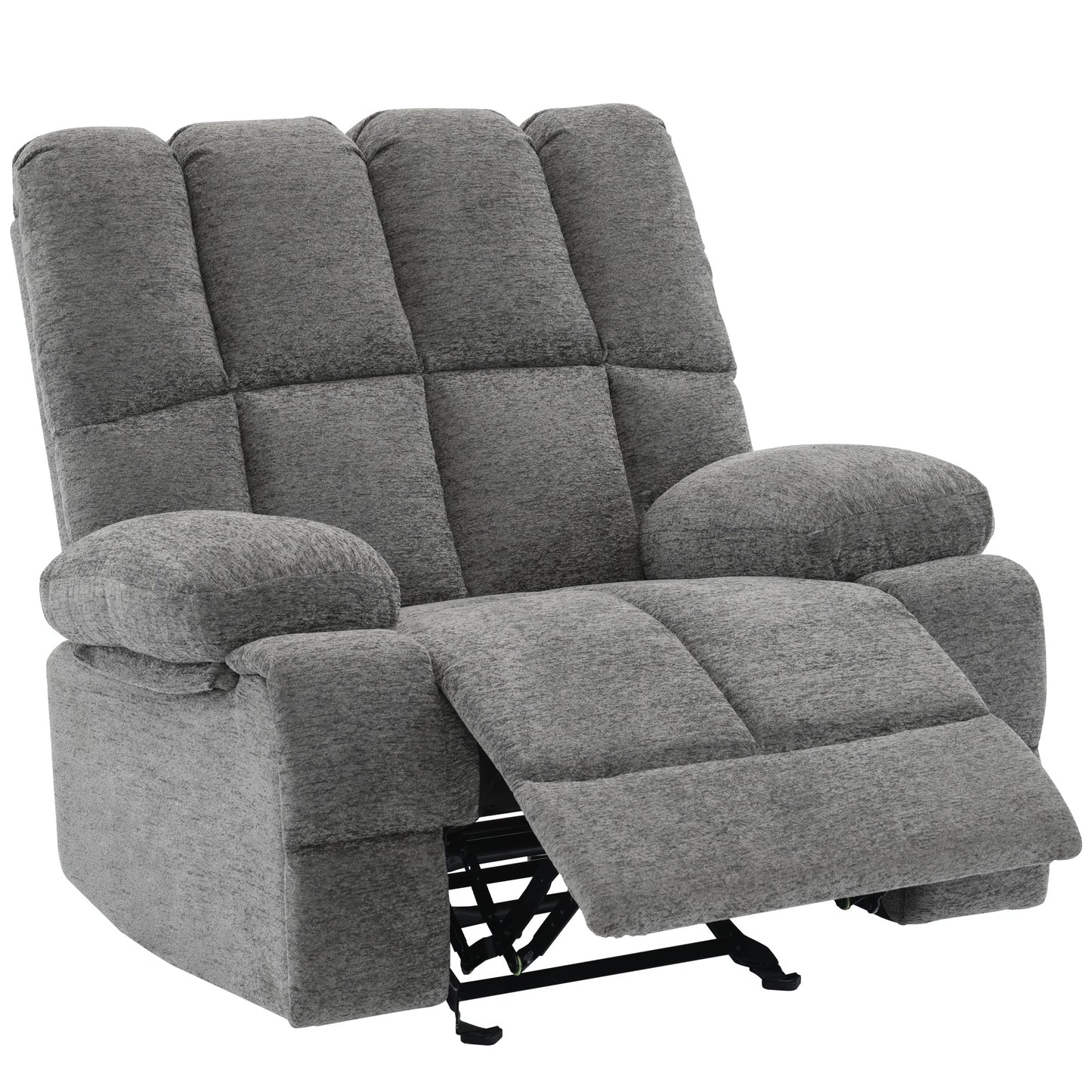 Fauteuil inclinable manuel à bascule rembourré en velours gris surdimensionné avec coussin épais et siège extra large