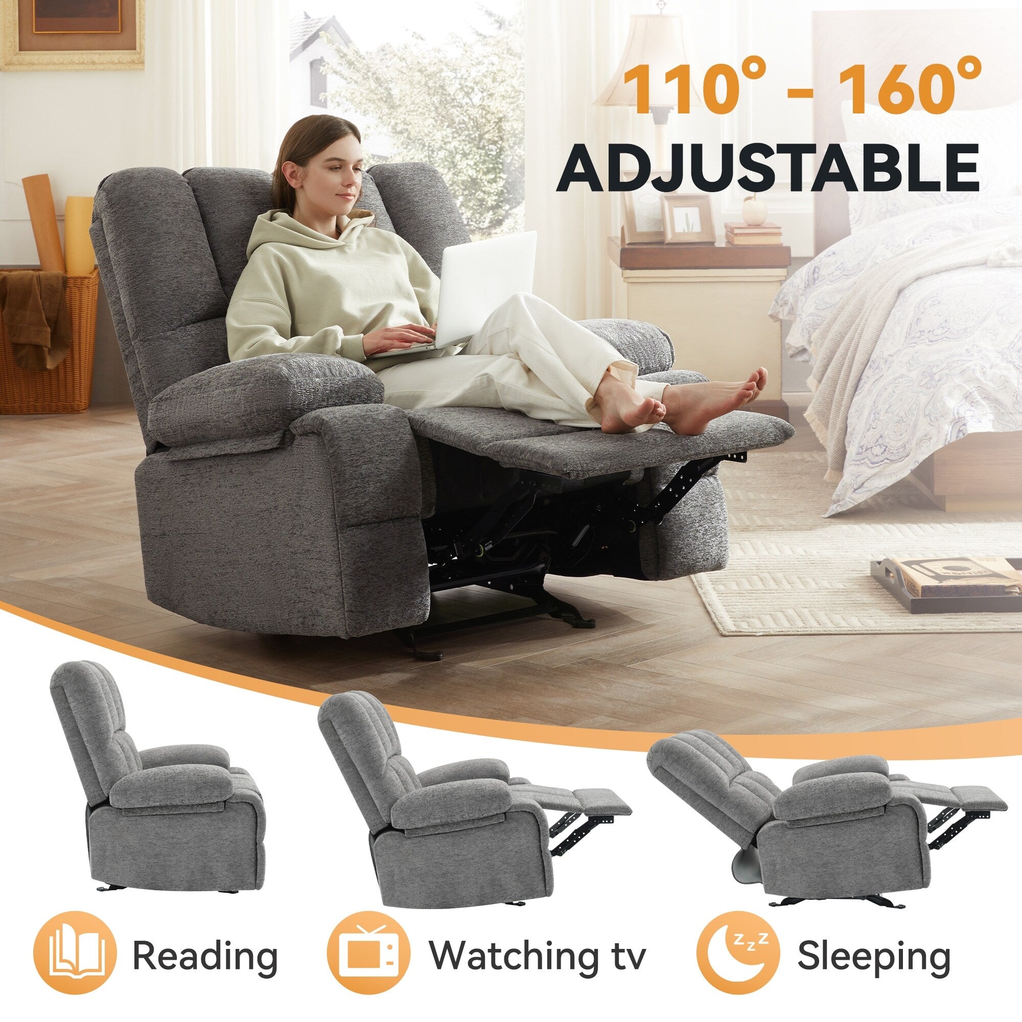 Fauteuil inclinable manuel à bascule rembourré en velours gris surdimensionné avec coussin épais et siège extra large