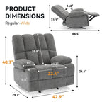 Fauteuil inclinable manuel à bascule rembourré en velours gris surdimensionné avec coussin épais et siège extra large