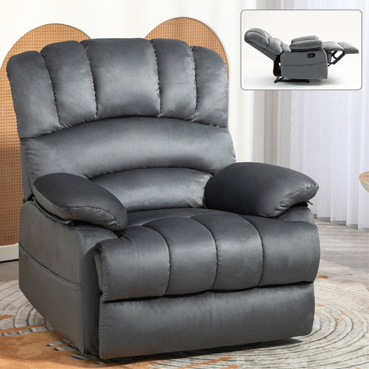 Fauteuil inclinable manuel surdimensionné en tissu gris avec poches latérales et repose-pieds réglable