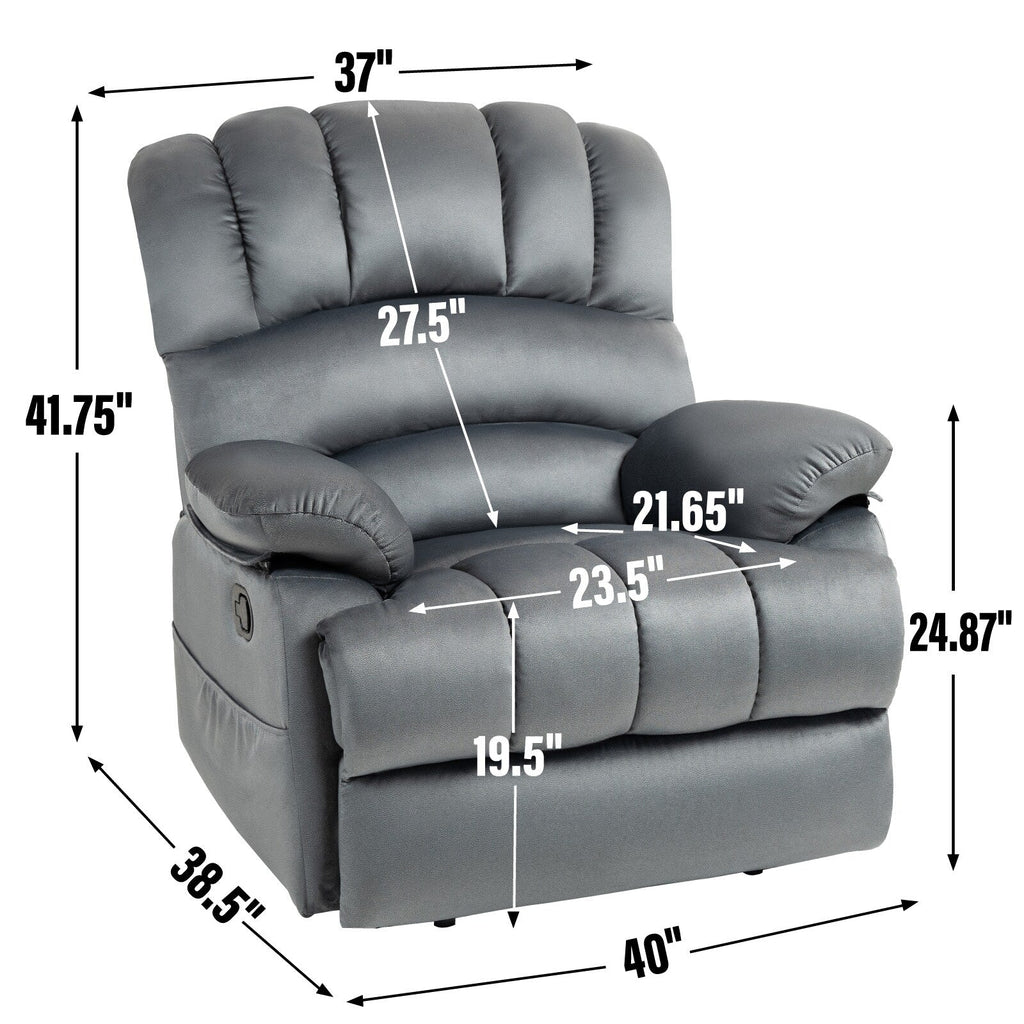 Fauteuil inclinable manuel surdimensionné en tissu gris avec poches latérales et repose-pieds réglable