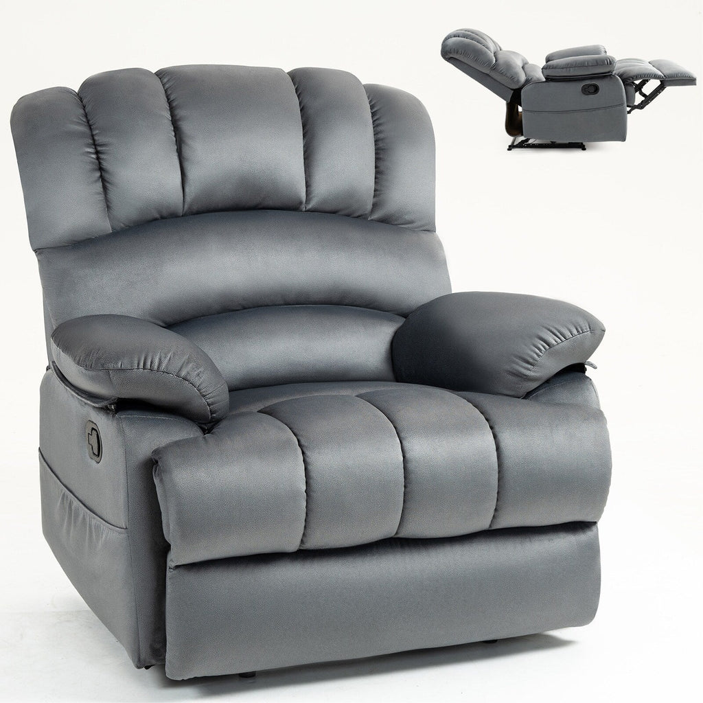 Fauteuil inclinable manuel surdimensionné en tissu gris avec poches latérales et repose-pieds réglable