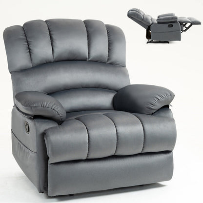 Fauteuil inclinable manuel surdimensionné en tissu gris avec poches latérales et repose-pieds réglable