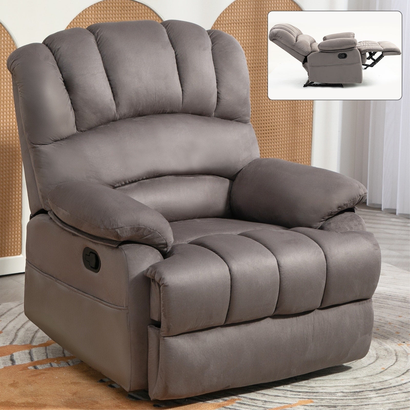 Fauteuil inclinable manuel surdimensionné en tissu gris avec 2 poches latérales et repose-pieds réglable