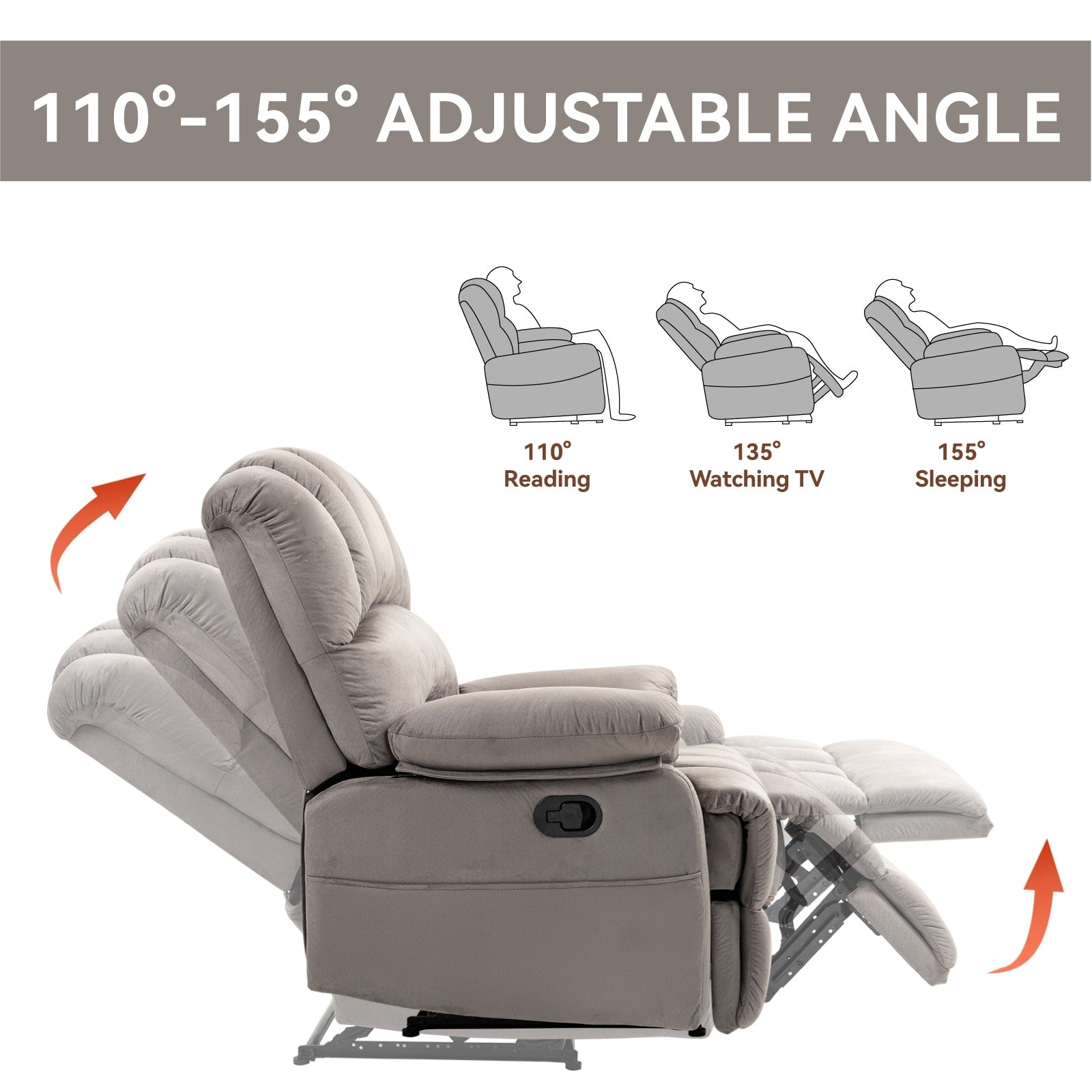 Fauteuil inclinable manuel surdimensionné en tissu gris avec 2 poches latérales et repose-pieds réglable