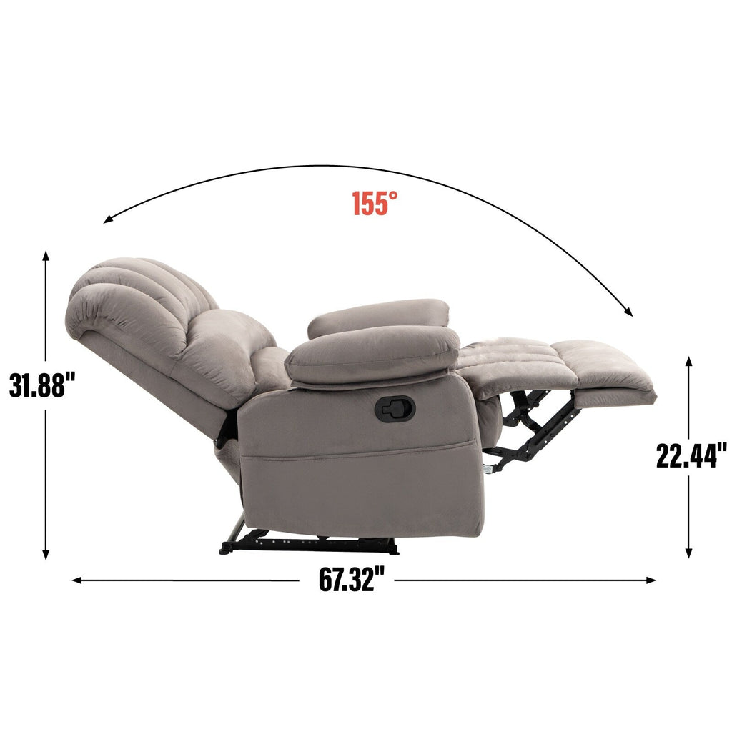 Fauteuil inclinable manuel surdimensionné en tissu gris avec 2 poches latérales et repose-pieds réglable