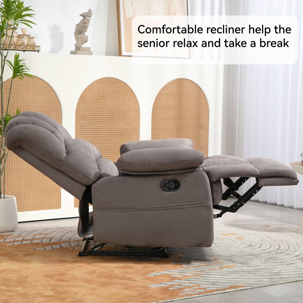 Fauteuil inclinable manuel surdimensionné en tissu gris avec 2 poches latérales et repose-pieds réglable