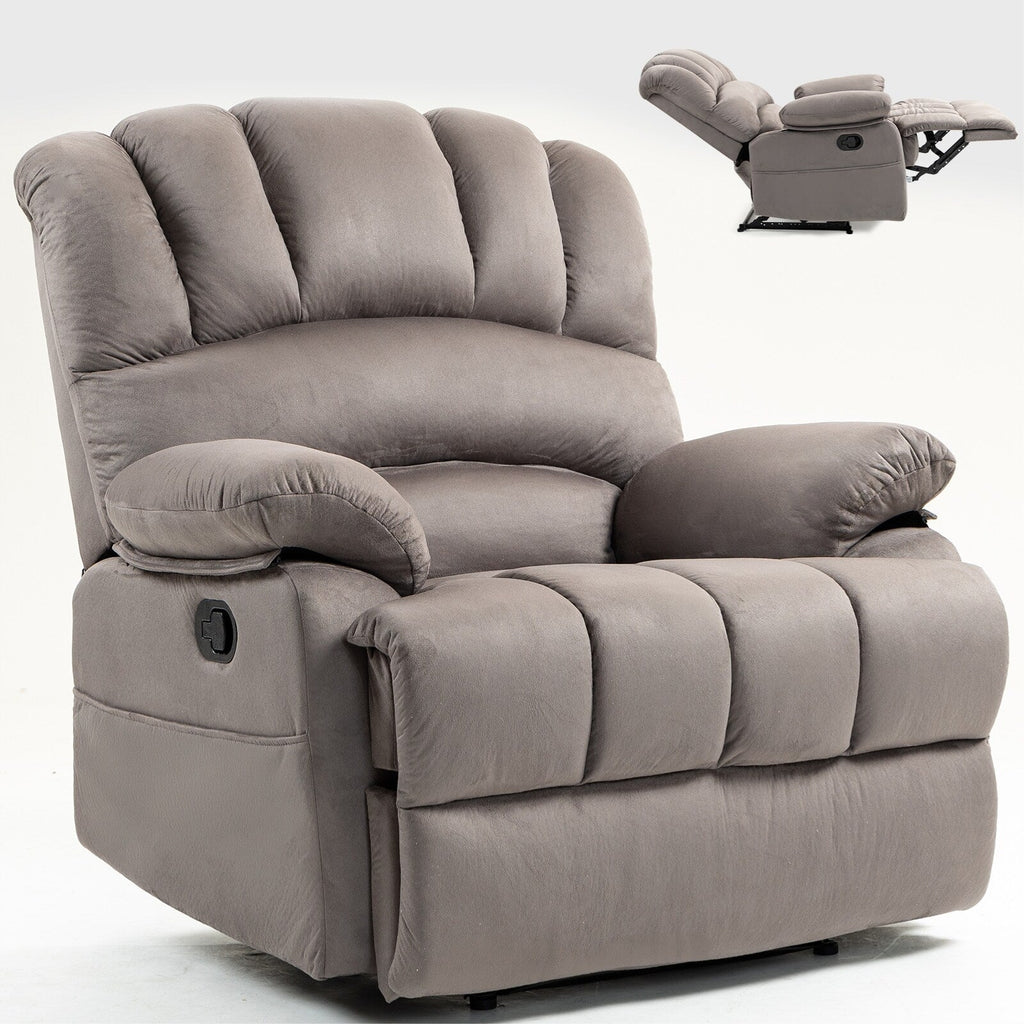 Fauteuil inclinable manuel surdimensionné en tissu gris avec 2 poches latérales et repose-pieds réglable
